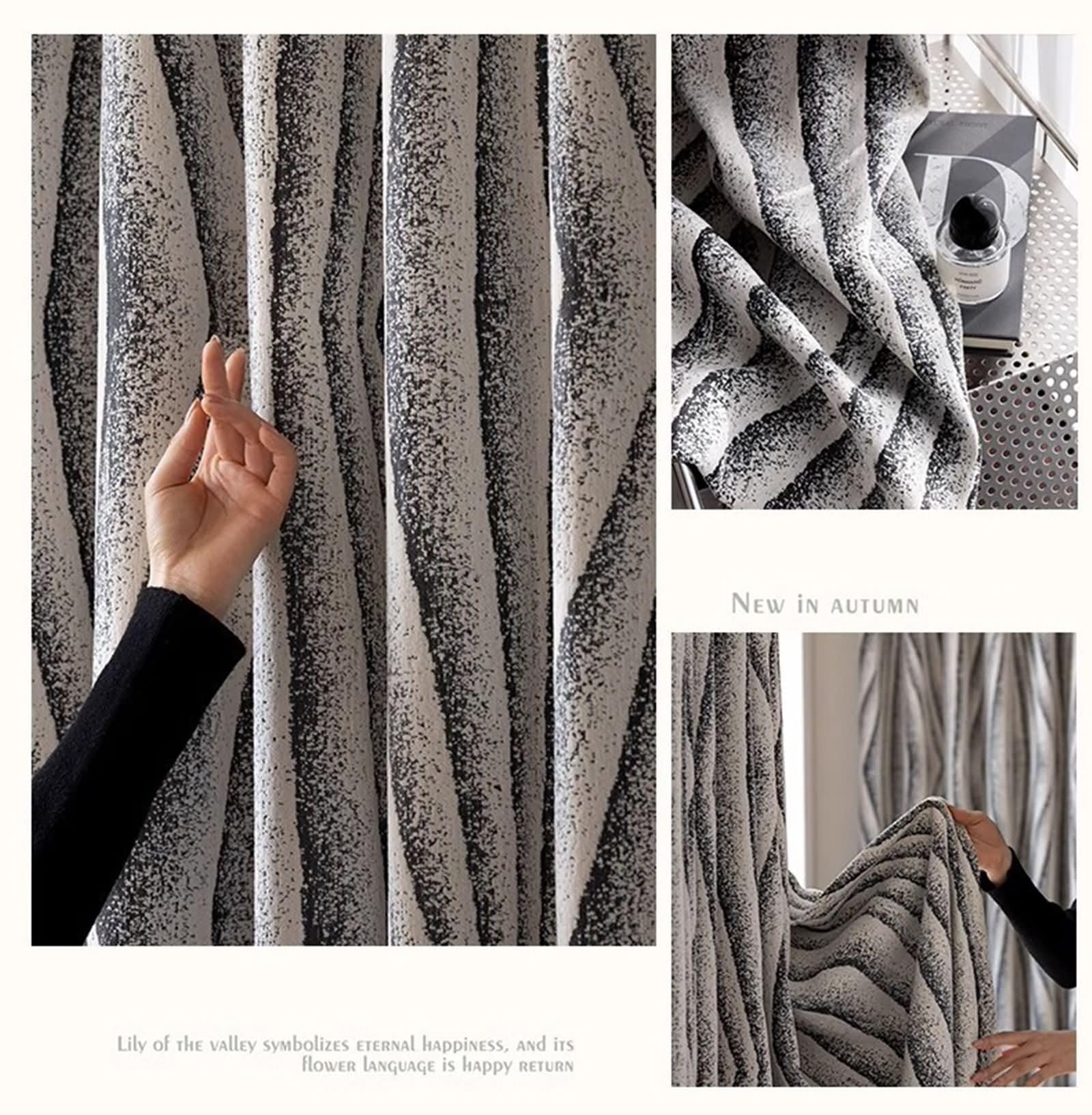 2 Panneaux Rideaux Occultant, Rideau Occultant Thermique Isolant Chenille à Crochets Motif Géométrique Ondulé Jacquard Fenetre Rideaux Chambre Salon Intérieurs Gris Noir, 137L x 160H cm