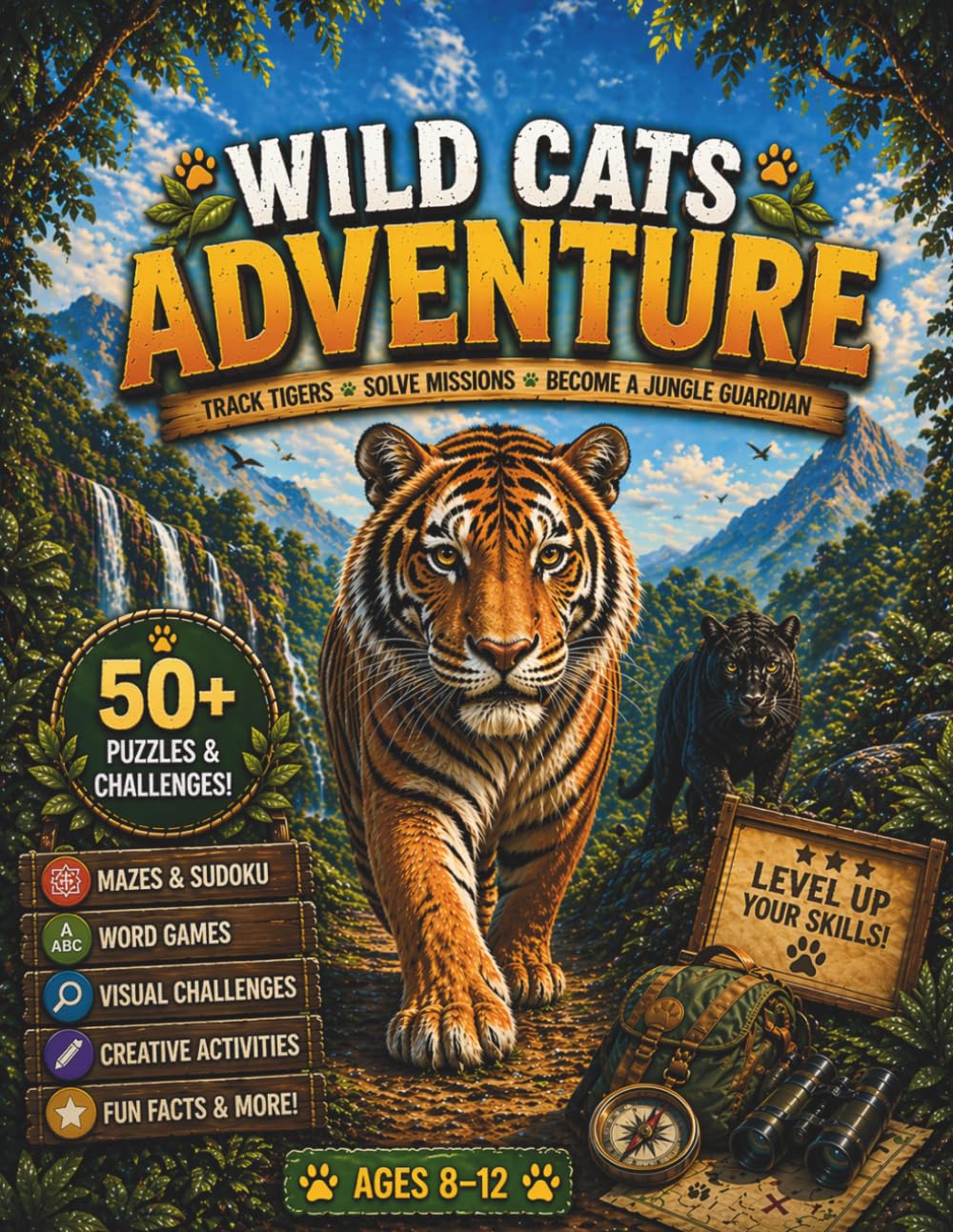 Wild Cats Adventure Activity Book for Kids Ages 8–12: Mazes, Word Searches, Sudoku, Jungle Missions to Build Focus, Logic, and Problem-Solving Skills, Screen-Free Fun for Travel & Gifts