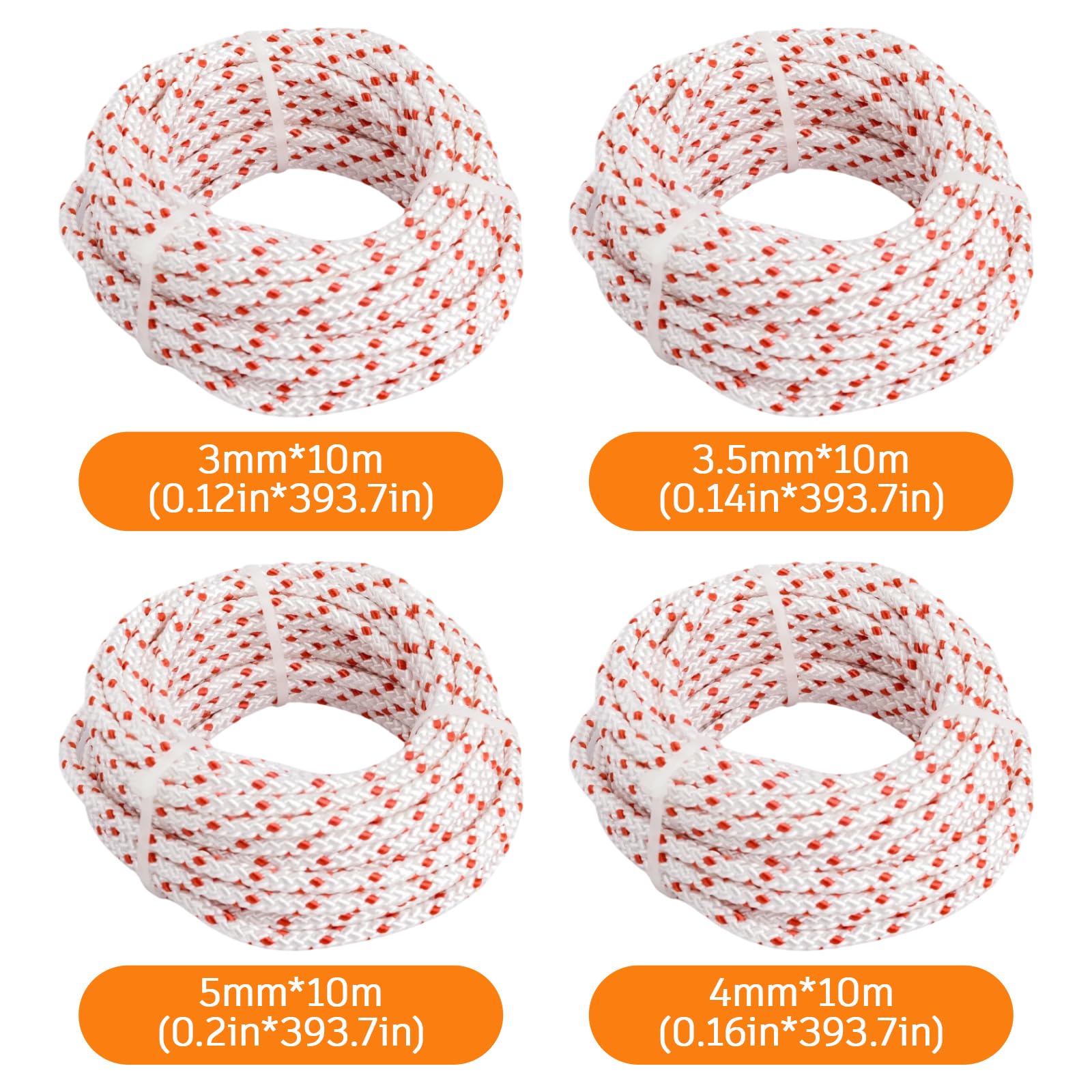 4 corde di ricambio per avviamento a strappo assortite, 3 mm, 3,5 mm, 4 mm, 5 mm, 10 m, con manici per tosaerba, generatore, invertitore, mini bici, idropulitrice e spazzaneve