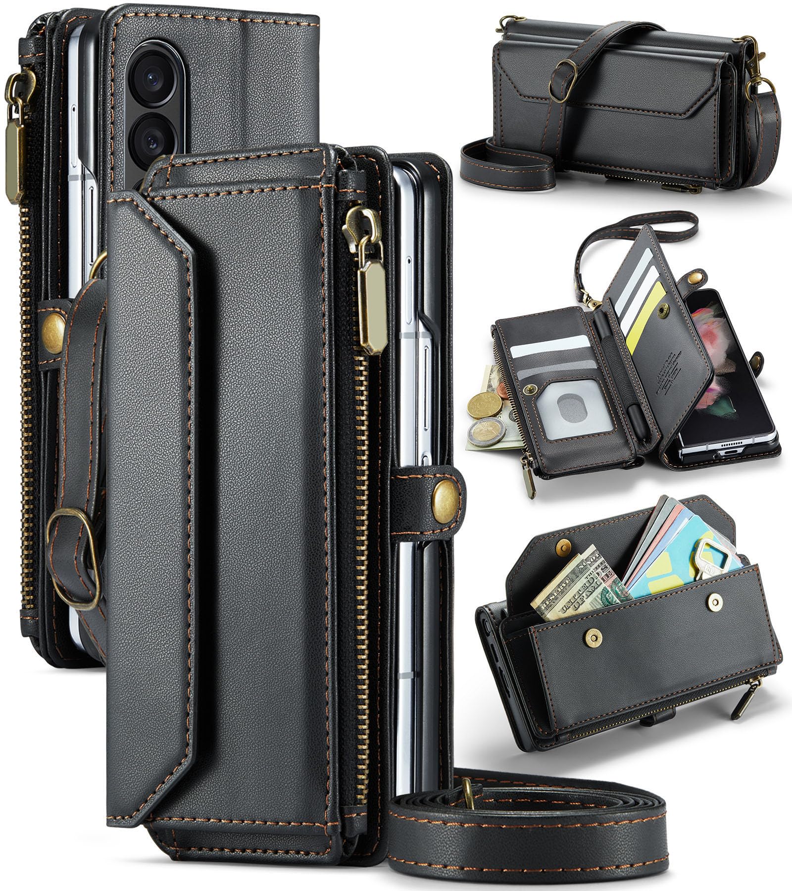Asuwish Funda de teléfono para Samsung Galaxy Z Fold 3 5G 2021, funda tipo cartera con cremallera y bolígrafo S y tapa de cuero, bloqueo RFID, tarjetero de crédito, accesorios para celulares, ZFold3,