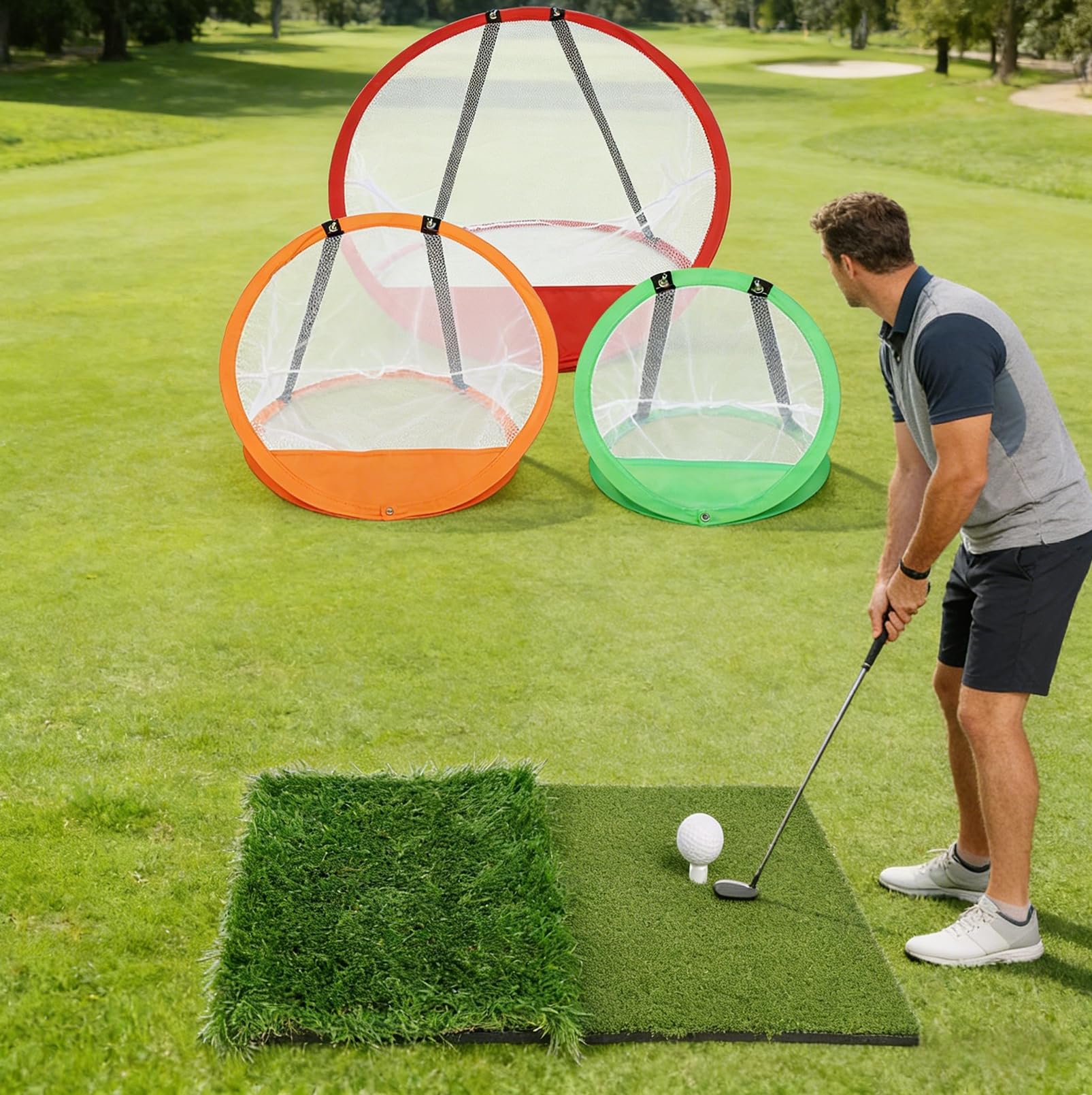 Golf Übungsnetz Set, Golf Chipping Netz mit 3 Farbigen Chipping Netzen, GolfTrainingsnetz Kit mit Doppelte Rasenmatte,12 PU Übungsbällen,5 Tees,Indoor Outdoor GolfSimulator für Garten Terrasse Übung
