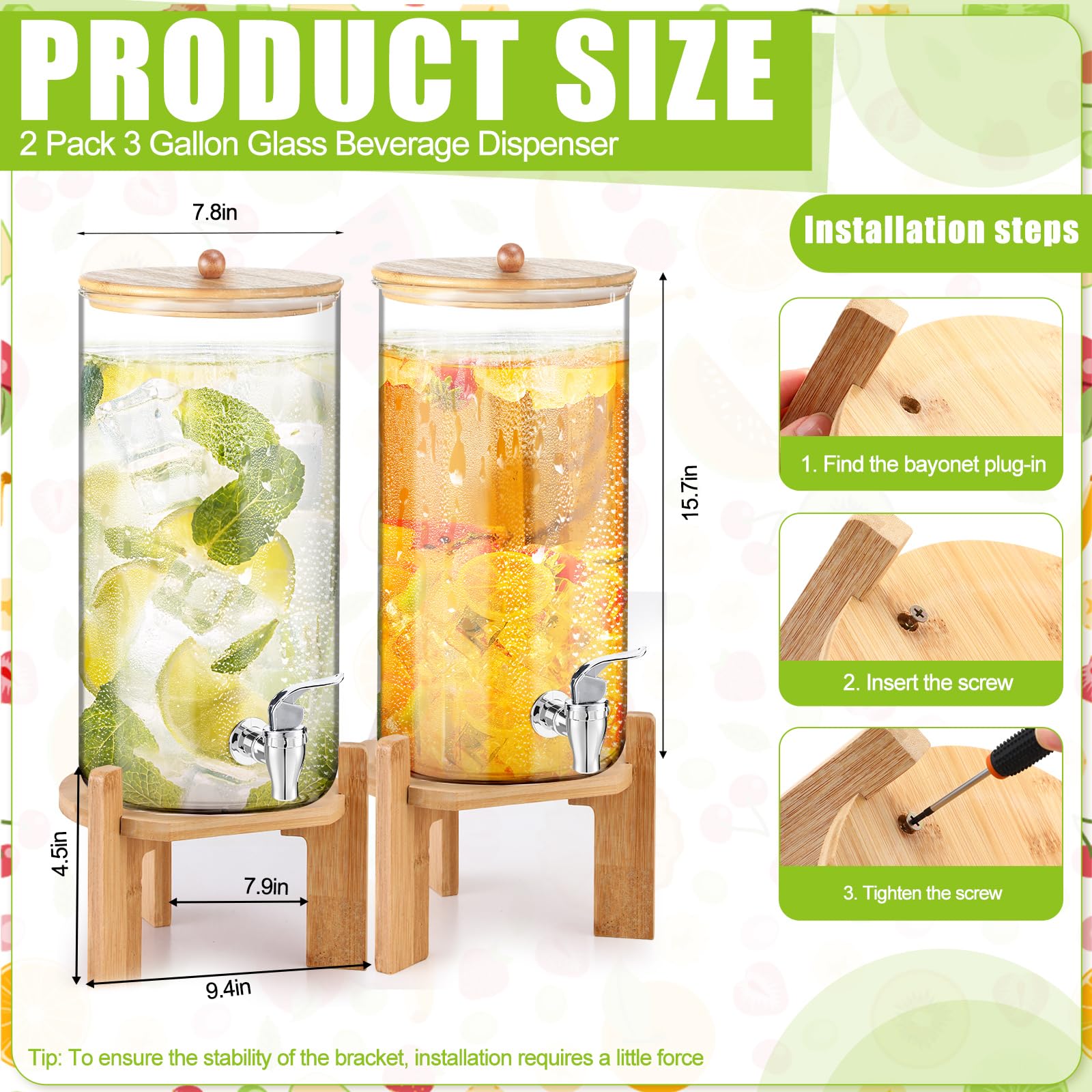 FillTouch Paquete de 2 dispensadores de bebidas de vidrio de 3 galones para fiestas, dispensadores de bebidas con soporte, espiga y tapa de bambú, a prueba de fugas para jugo, té, agua, limonada y