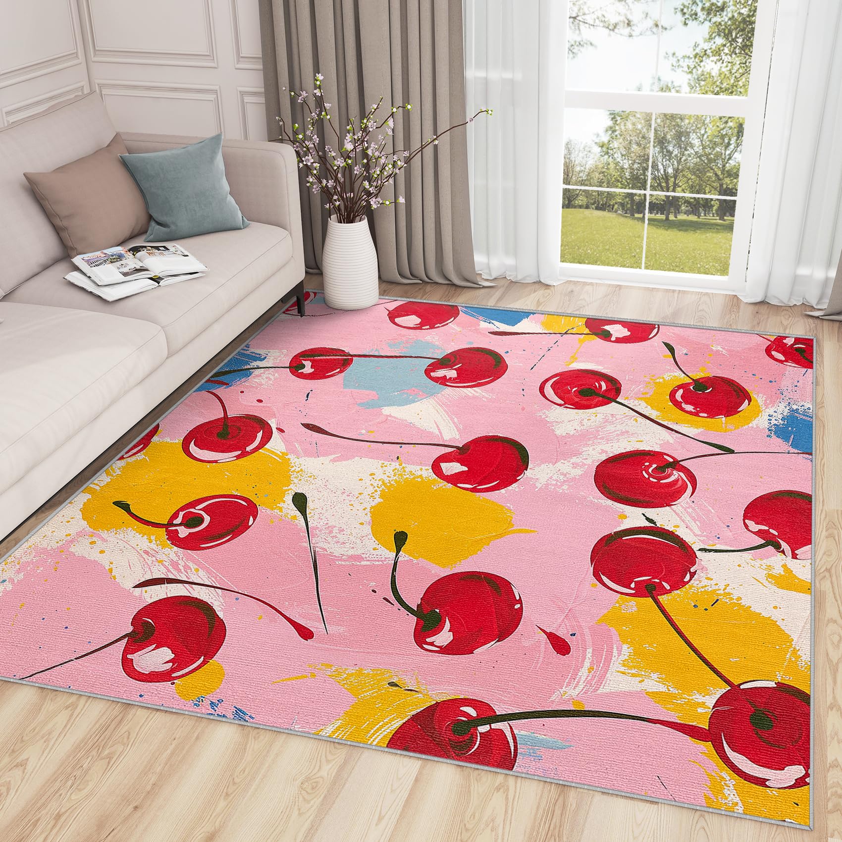 SherAvant Cherry Rug Large - 6x8 Rug - Cherry Rug - Red Fruit Pink Area Rug - Summer Theme Rugs - Bright Carpet - Home Decor