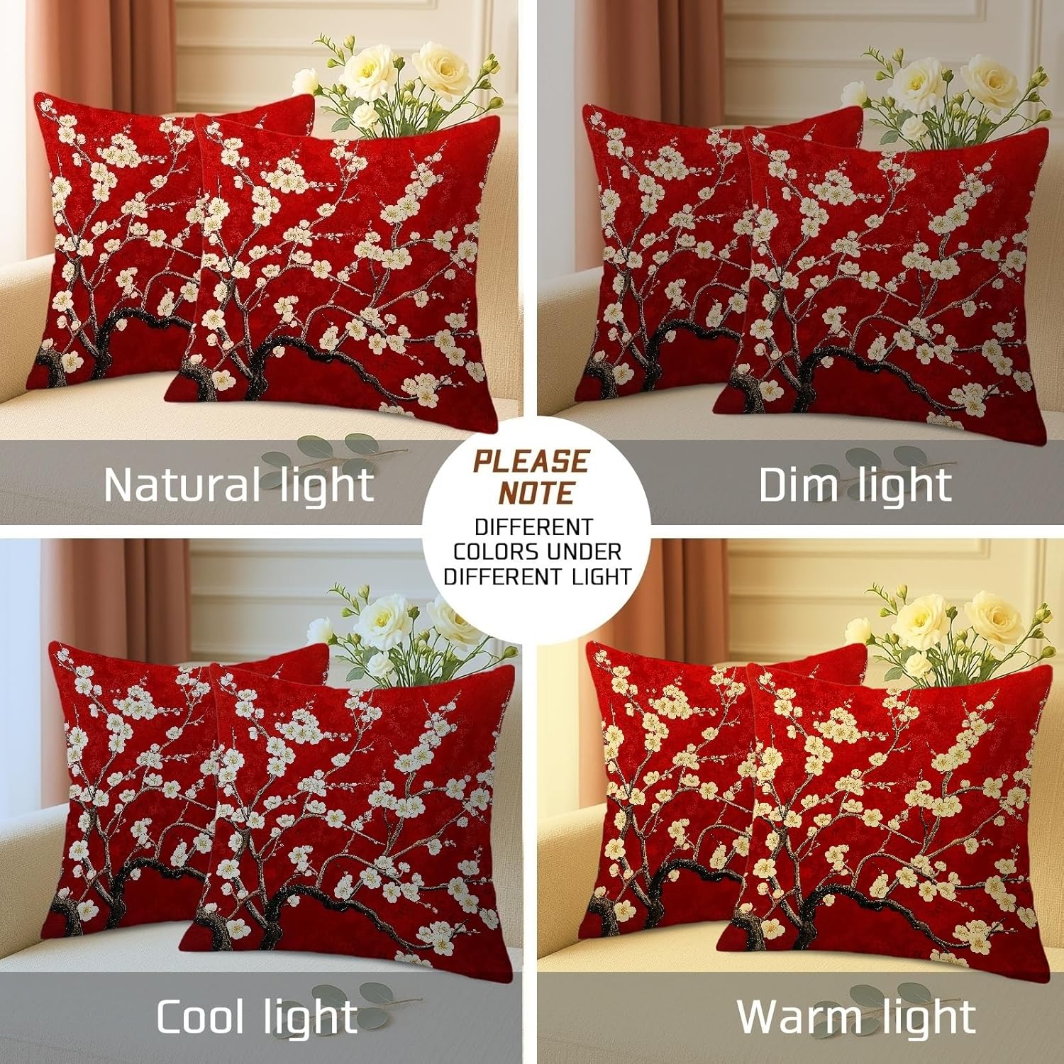 Spring Cherry Flower Pillow Covers Set of 2, Chinese Style Elegant Red Blossom Throw Pillow Cases, Printed Summer Decorative Oriental Decor Cushion Covers for Home Sofa Bed Couch 28x28 Inch