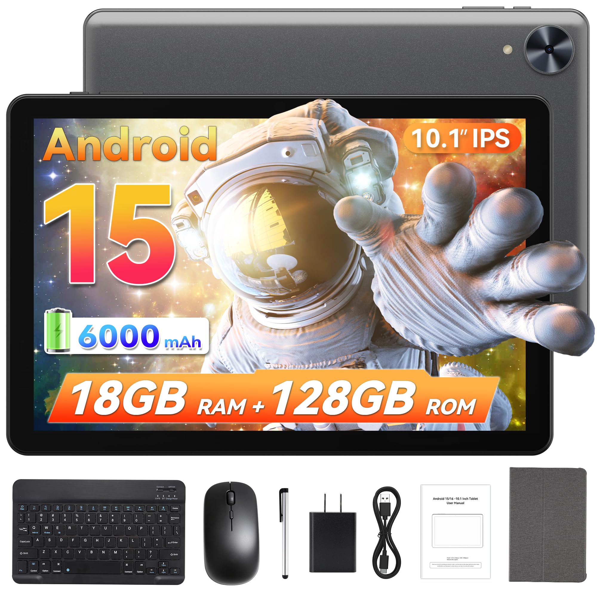 2026 Android 15 Tablet with Keyboard 10.1 Inch, 18GB RAM 128GB, WiFi, Gray
