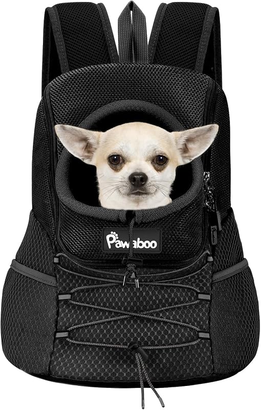 Mochila frontal para transporte de cães Pawaboo com abertura para a cabeça, preta, tamanho S