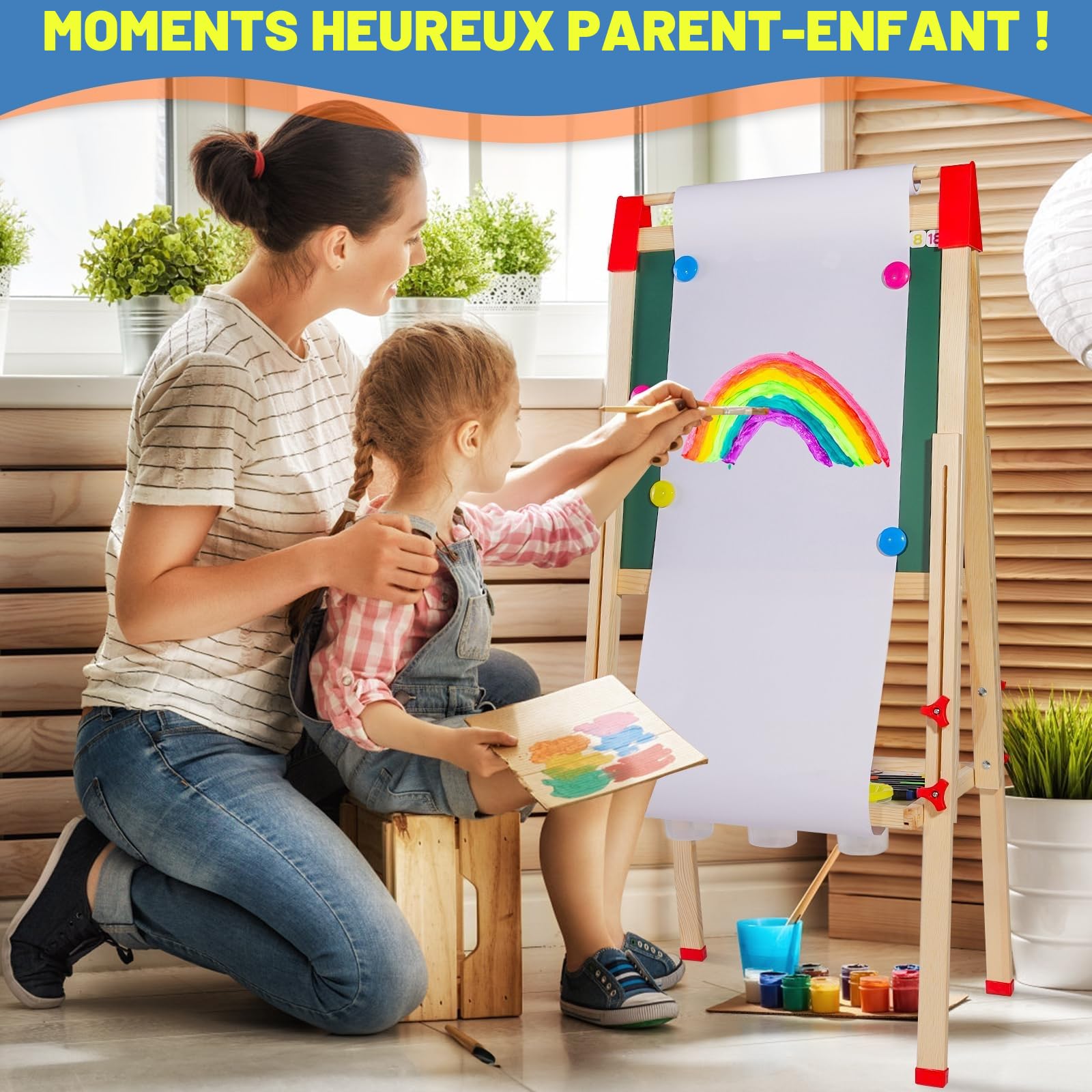 Chevalet Enfant Double Face en Bois avec Rouleau à Papier - Tableau Blanc & Noir Réglable - Cadeau Anniversaire Fille Garçon (Accessoires Inclus)