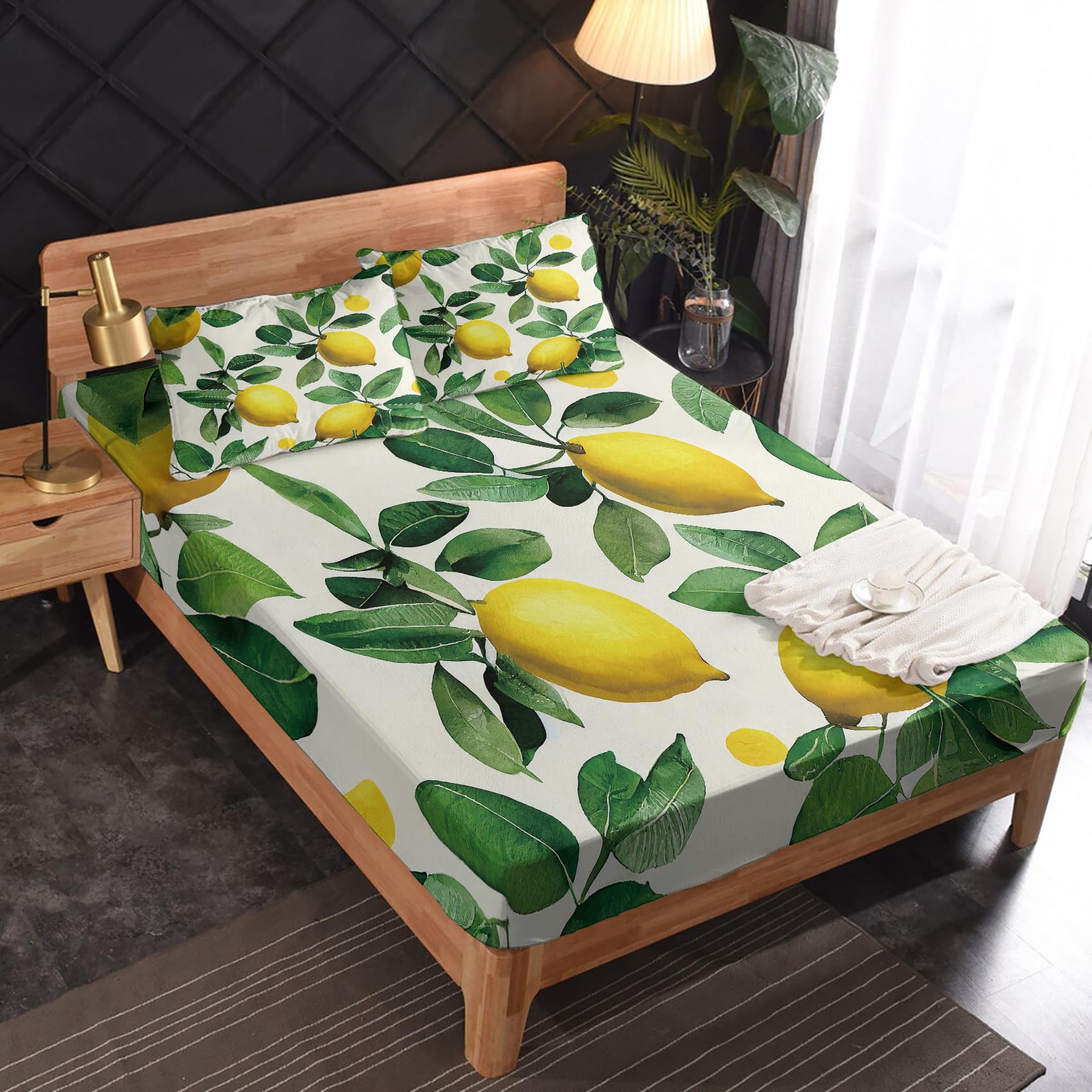 Zvynqour California King Sheet Sets - Lemon Bed Sheets - Fruit Deep Pocket Fitted Sheets & Flat Sheets & Pillowcases 4 Piece Set - Lemon Bedding & Decor - Soft Cosy Microfibe
