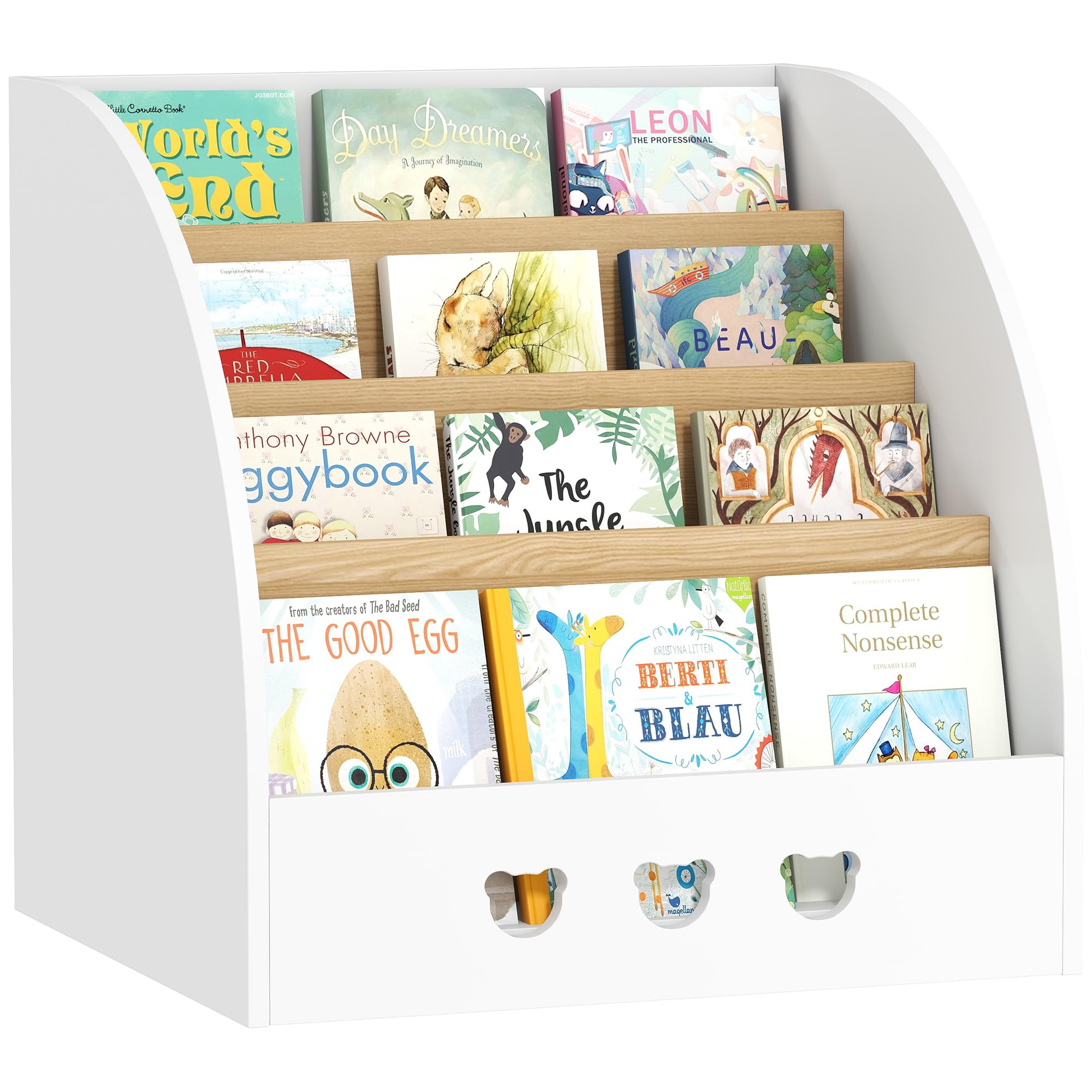 AIYAPLAY Estantería Infantil para Juguetes con Compartimento Oculto Organizador de Juguetes de 4 Niveles con Ruedas para Habitación Infantil Sala de Juegos Guardería Blanco y Natural