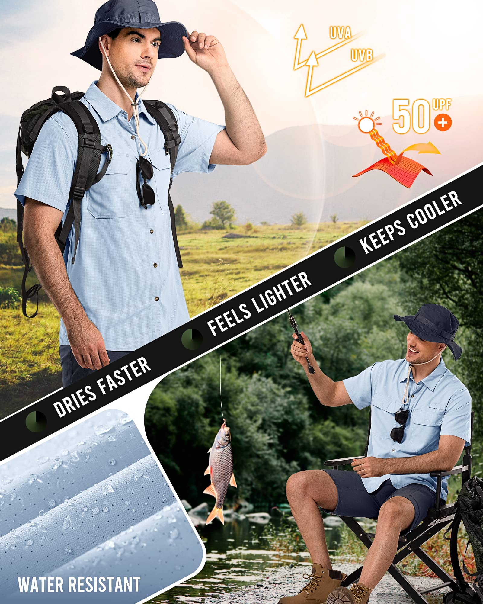33,000ft Men's UPF 50+ UV Protection Short Sleeved Shirts Quick Dry Button Down Shirts Cooling Hiking Shirt for Travel Safari Fishing