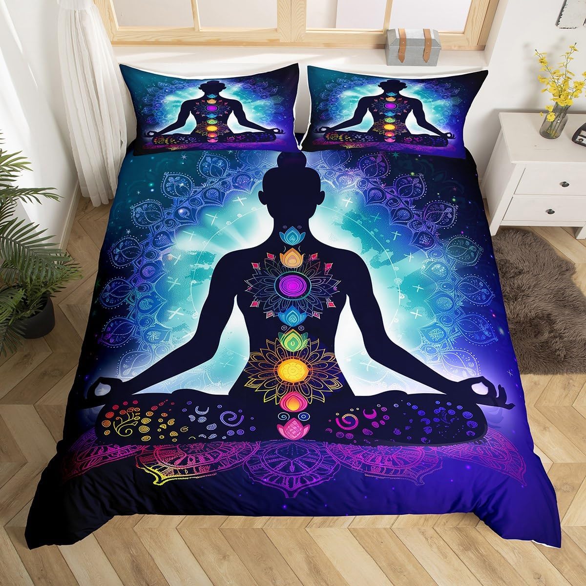Yoga Duvet Cover Set King Size,Chakra Meditation Bedding Set,Blue Mandala Comforter Cover Boho Hippie Style with Chakra Art Print Bedspreads Cover,Kids Adult Room Decor Bed Cover with Zipper Dark Blue