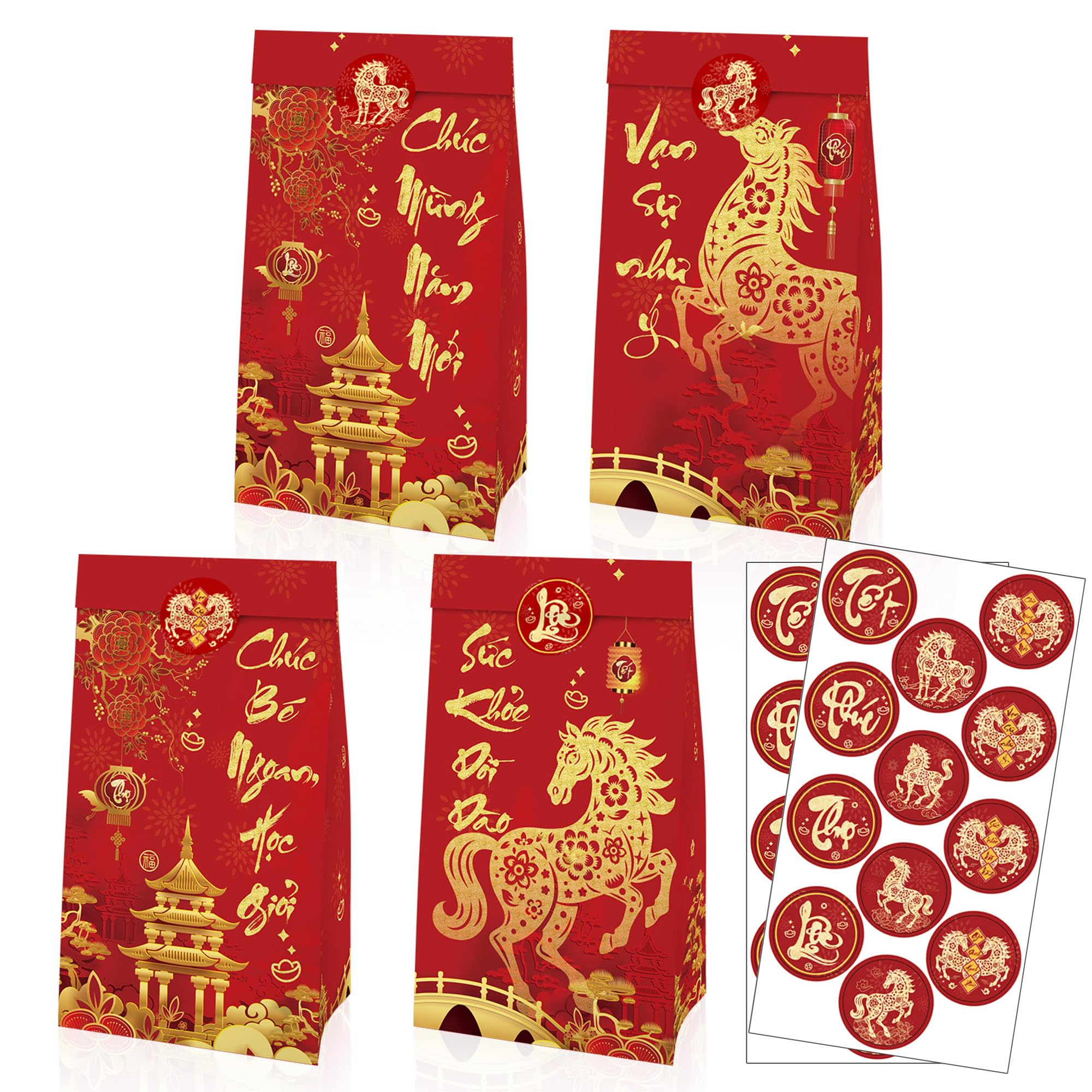 IRCOR Vietnamese New Year Gift Bags with Envelopes and Stickers, 12PCS Tet Party Favor Bags with 12 Red Envelopes (Lì Xì) & 24 Stickers for Lunar New Year Celebration