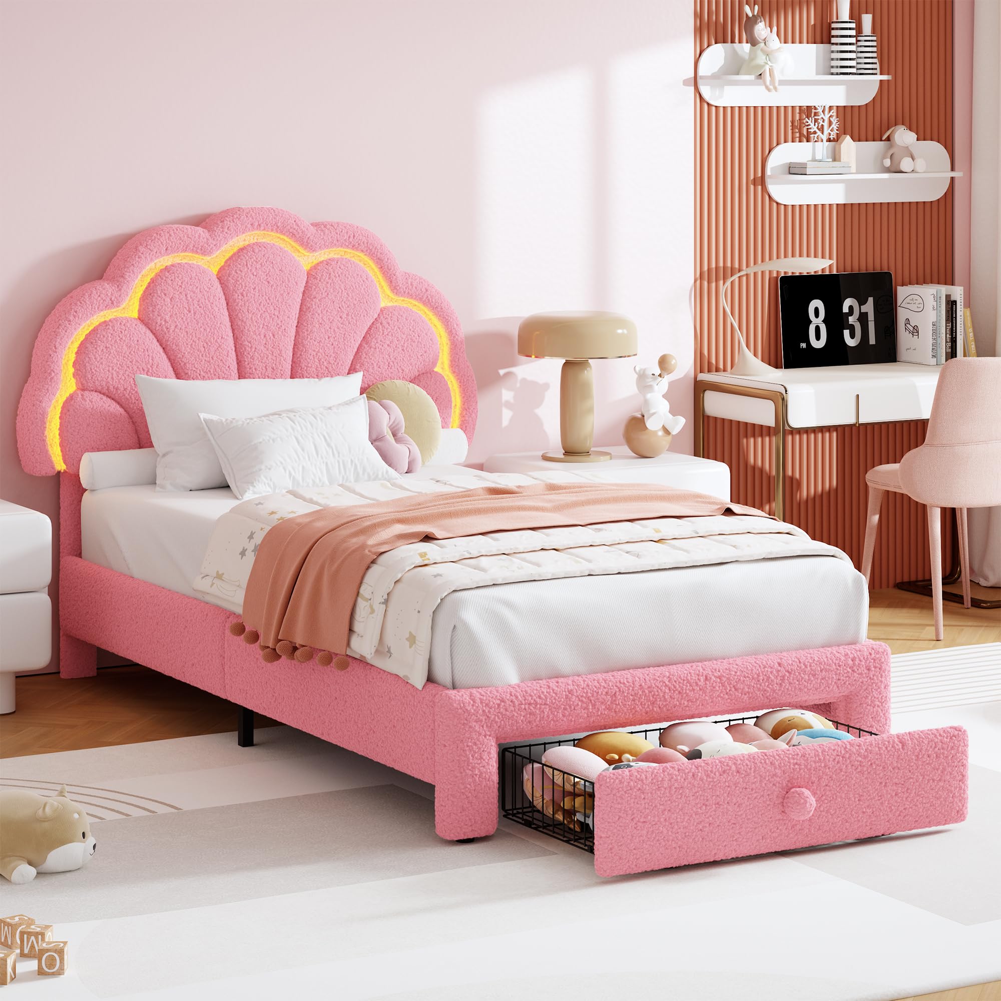Twin XL Upholstered LED Bed Frame - with Storage Drawer and Adjustable Petal Headboard, Berber Fleece Princess Platform Bed for Kids, Wood Slats Support, No Box Spring Needed, Noise Free, Pink