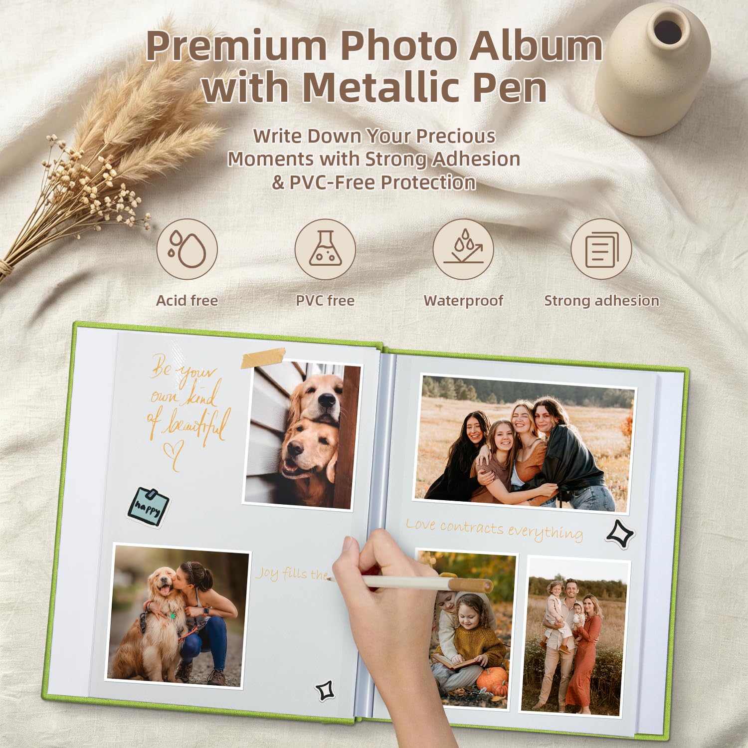 Popotop Álbum de fotos autoadhesivo con ventana de visualización de imágenes, 60 páginas, álbum de recortes para fotos de 4 x 6 a 10 x 12 pulgadas, libro de recuerdos con cubierta de lino para boda