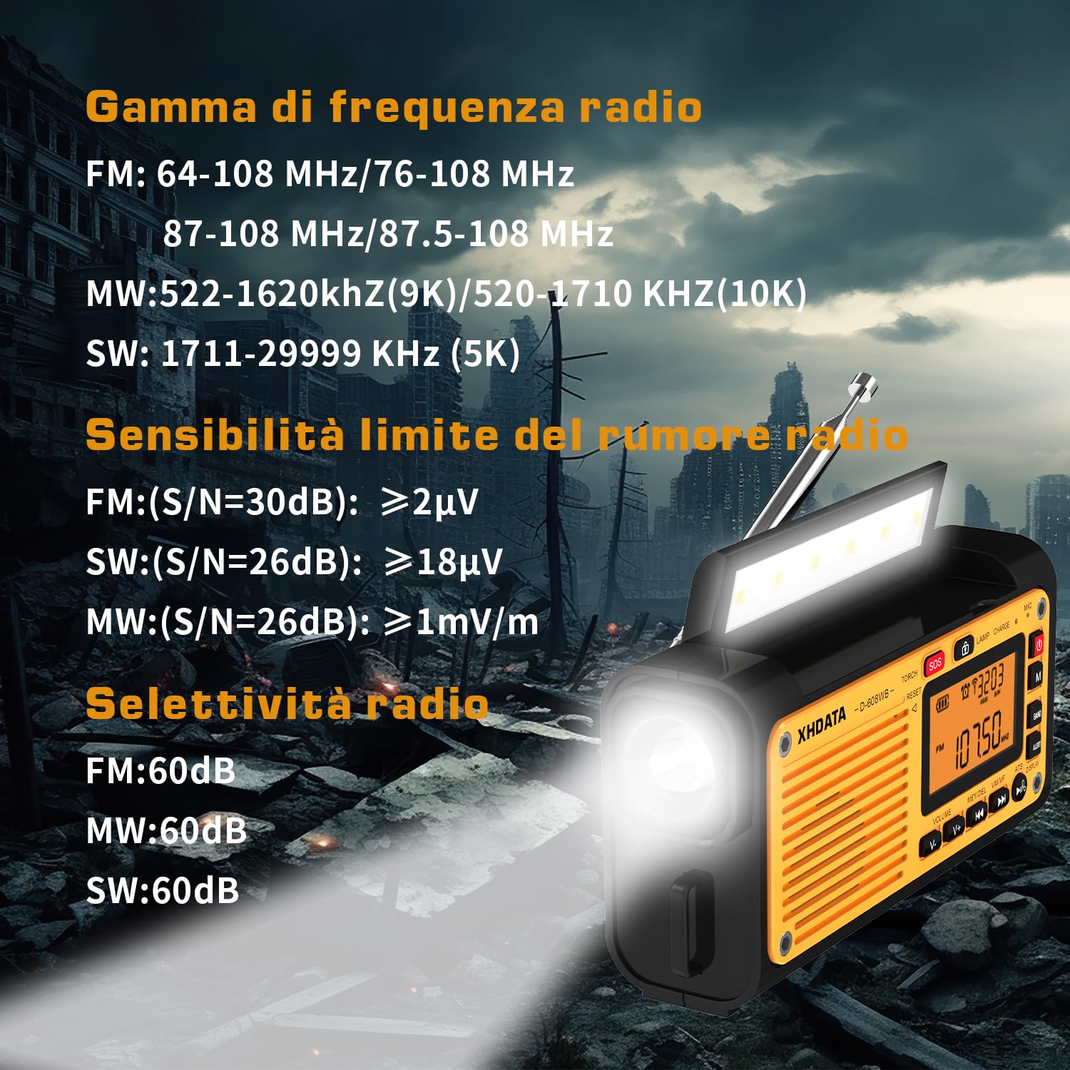 XHDATA D-608WB Radio FM/Am/SW a Onde Corte, Manovella Solare, Batteria Ricaricabile di Emergenza, Radio Sveglia SOS, Lettore MP3 Bluetooth, Torcia Elettrica, Lampada da Lettura per il Campeggio