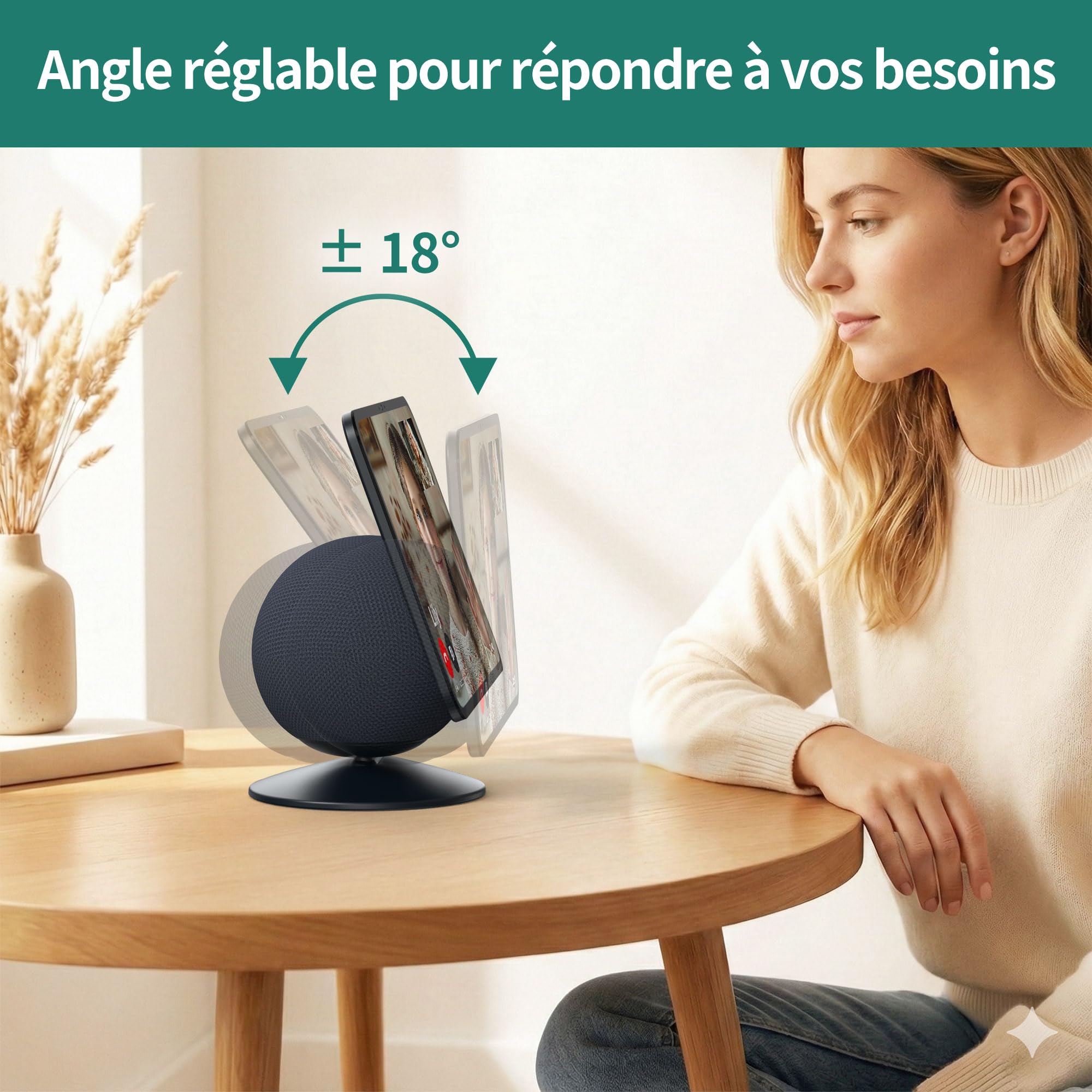 HomeMount Support Réglable pour Show 11/8 (2025) & iPhone 12 – Noir | Support de bureau inclinable ±18°, base magnétique, installation facile, idéal pour maison et bureau, design compact