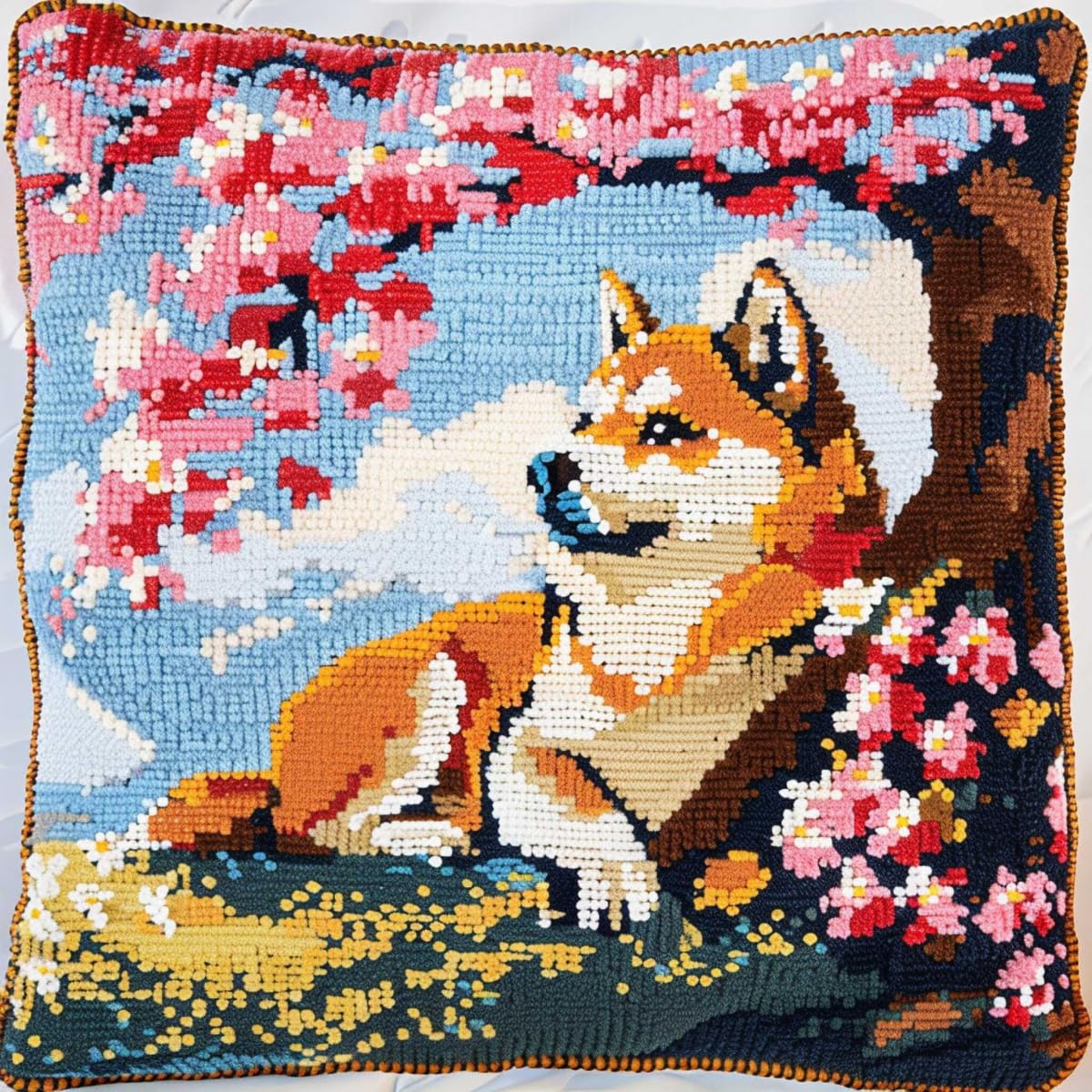 Rkflgew E Diy Latch Hook Kit Shiba Inu Animal Pillow Mbroidery Kit Dog And Pink Blossom Tre Diy Latch Hook Kits Pillow Printed Cushion Crochet Yarn Mbroidery Needlework Craft Mbroidery Kit 43X43cm