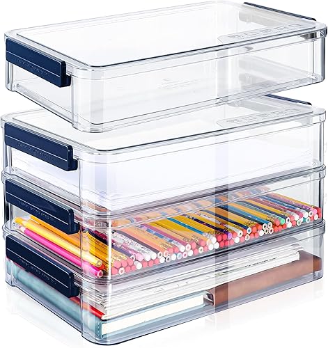 4 cajas de almacenamiento de archivos de 14 x 9.3 x 2.8 pulgadas, cajas de almacenamiento de plástico con tapas, estuche transparente para álbumes
