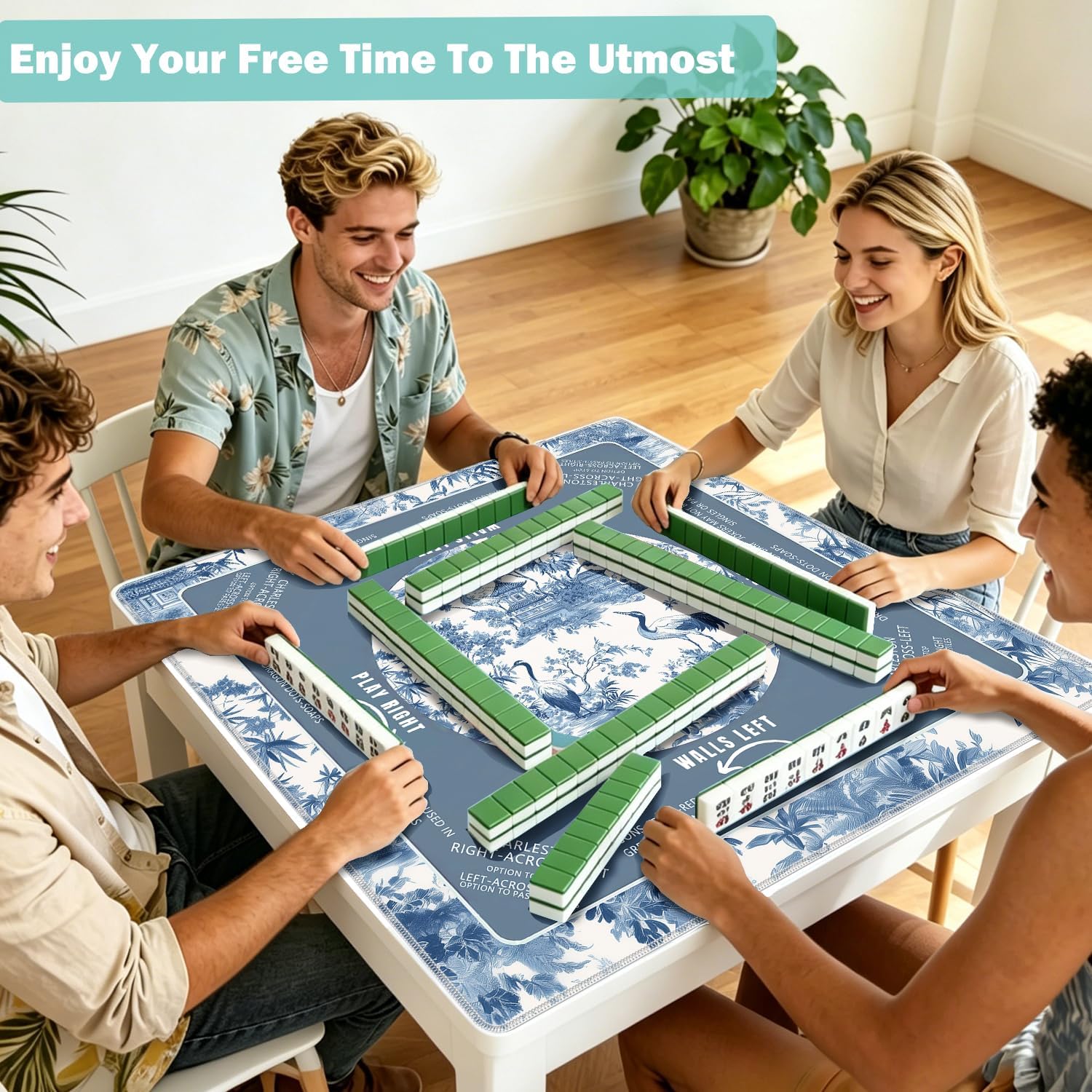 Blue Chinoiserie Mahjong Mat 31.5"x31.5", Traditional Chinese Oriental Pagoda Crane Non-Slip Noise Reduction Mahjong Table Cover for American Mah Jong Poker Card Board Games Dominoes