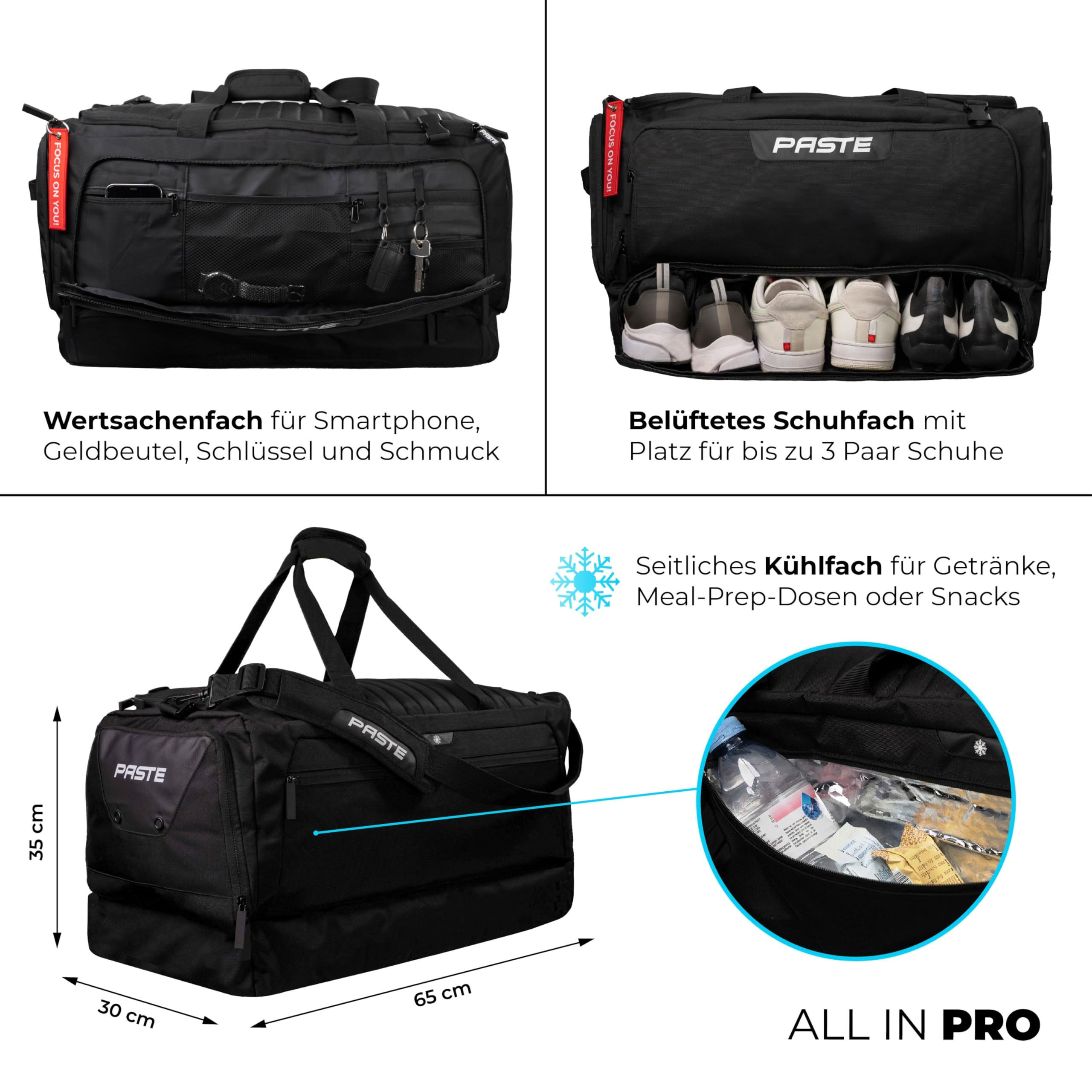 PASTE Premium Sporttasche 68L mit Rucksackfunktion Schuhfach Nassfach Schwarz Fußballtasche Trainings-Tasche Kühlfunktion Damen Herren groß XL Reise-Tasche Gym Bag