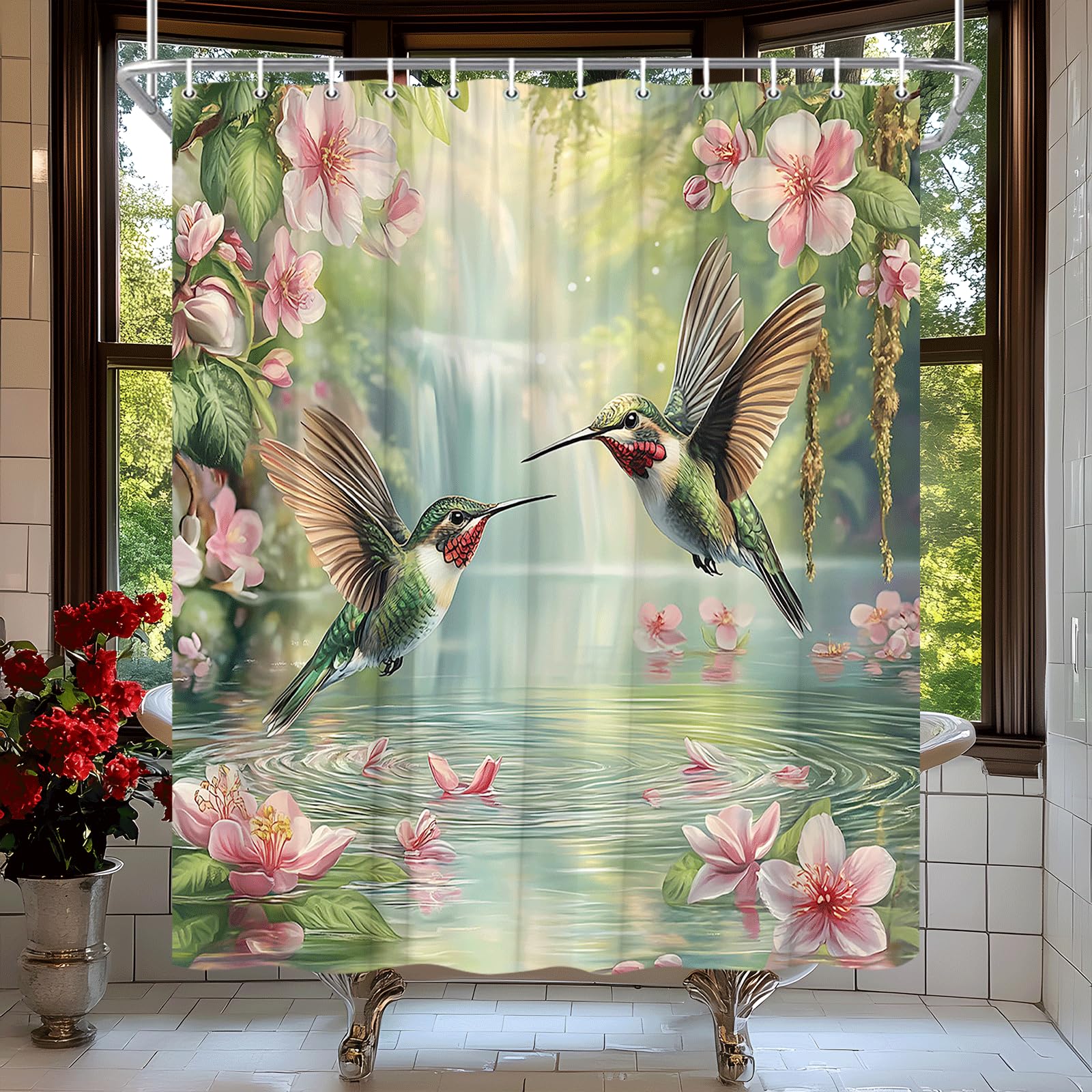 Hummingbird Floral Shower Curtain Spring Pink Floral Green Leaves Waterfall Lake Misty Forest Spring Wildflowers Rustic Plant Nature Scene Bath