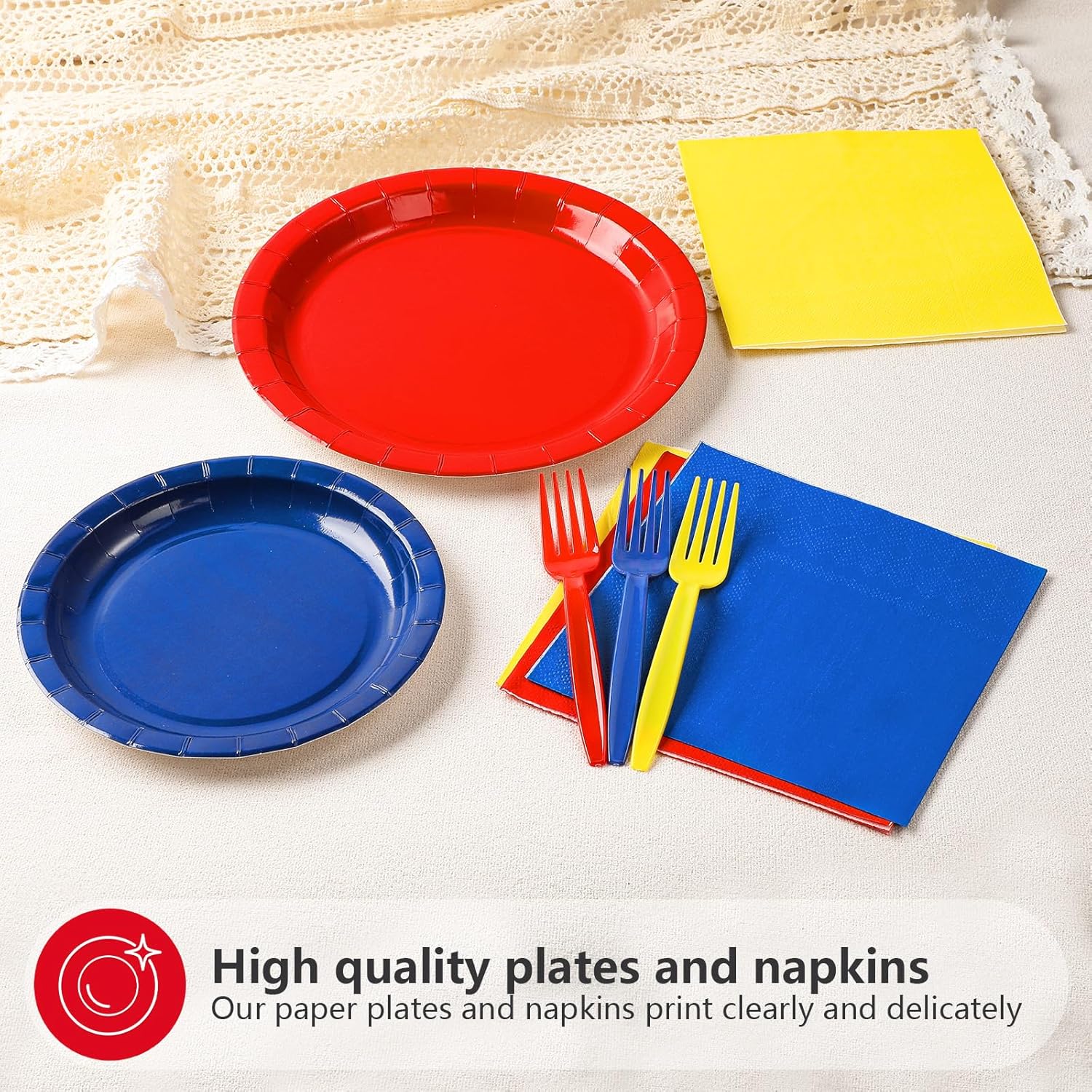96Pcs Carnival Party Decorations Red Blue Yellow Circus Dessert Plates and Napkins Tableware Set Red Blue Yellow Decoration Favors for Kids Baby Shower Wedding Festival Birthday Supplies Serves 24