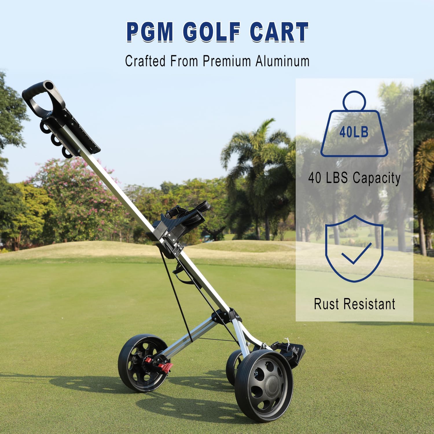 PGM Foldable Golf Push Pull Cart for Stable and Durable with Foot Brake, Lightweight Walking Cart with 3 or 4 Wheels for Courses and Players