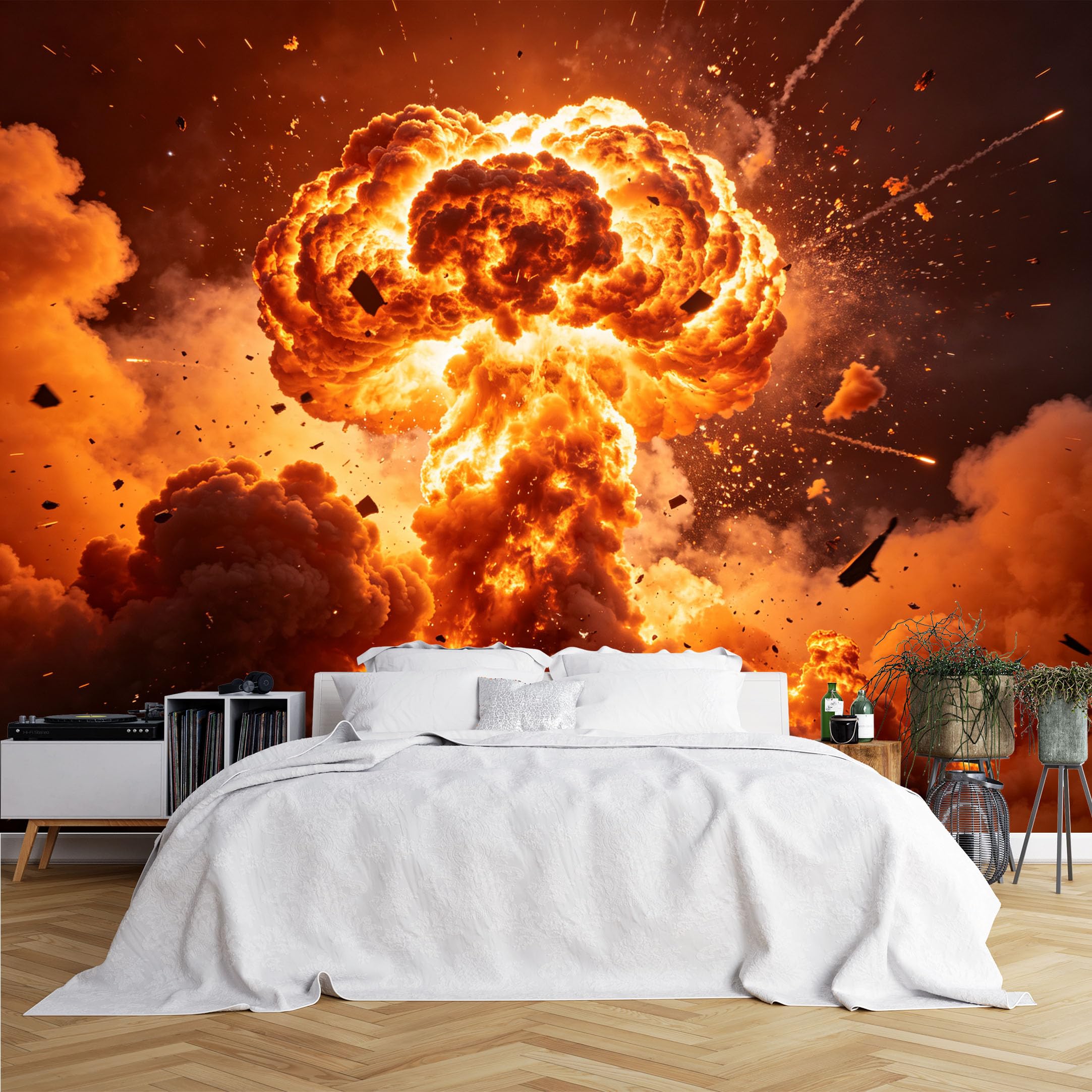 Lcythiazole Ch260615001 Custom Size Wall Murals Fiery Explosion Mushroom Cloud Wall Murals Burning Smoke Debris Scene Wallpaper Hd Self-Adhesive Removable Wallpaper For Living Room