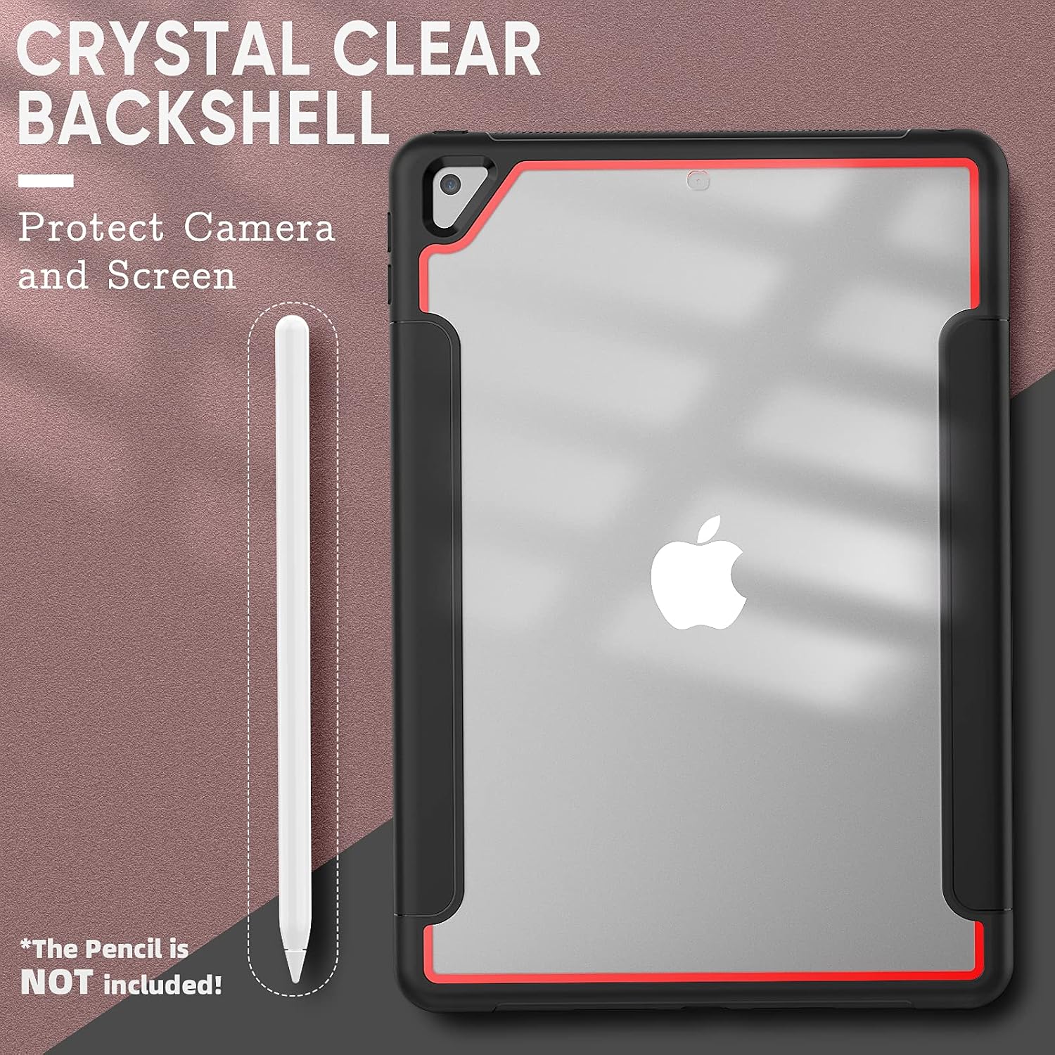 SEYMAC stock Case for iPad 10.2, Full Body iPad 8th/7th Generation Smart Cover with [Clear Backing] Stand [Removable Screen Protector] for iPad 8th/7th Generation 2020/2019 (Black/Red)