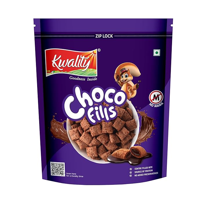 Kwality Choco Fills 250g | Chocolate Flavor, No Maida | Crunchy Bites Filled with Rich Chocolate | Healthy Food & Breakfast Cereal for Kids | High in Protein & Fiber