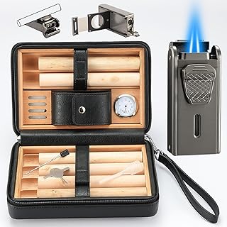 Leather Cedar Wood Case and All in One Double Jet Flame Torch Lighter Set, Built-in Cutter, Punch and Holder Function, Travel Box with Hygrometer, Draw Enhancer Tool, Gifts for Men.