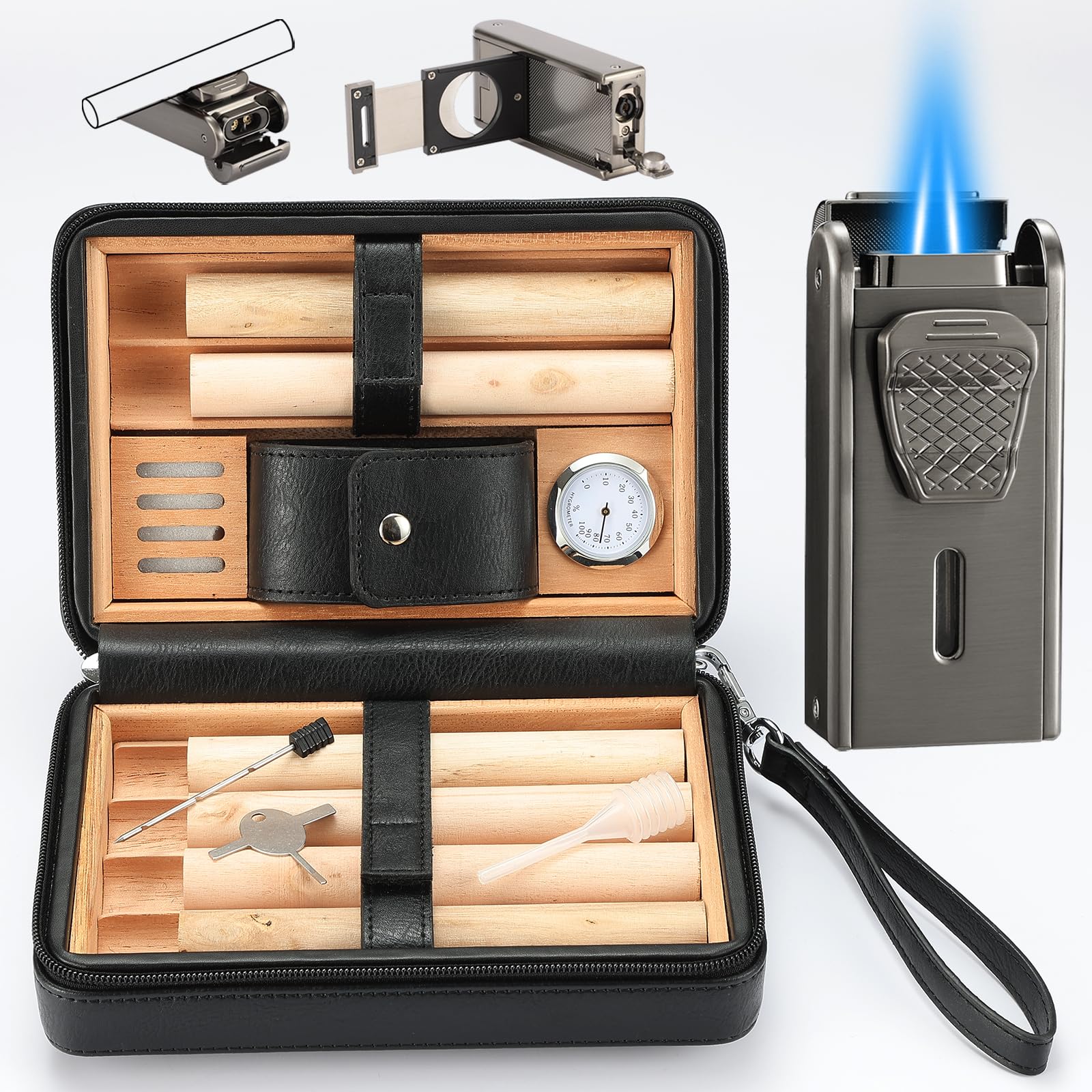 Leather Cedar Wood Case and All in One Double Jet Flame Torch Lighter Set, Built-in Cutter, Punch and Holder Function, Travel Box with Hygrometer,