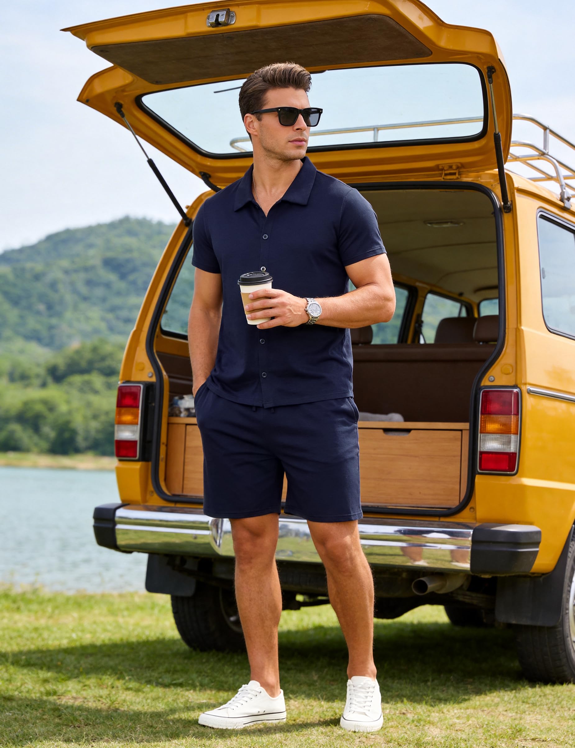 Aseniza Pyjama Homme Été Ensemble de Pyjama Court Chemise en Coton et Short Vêtements de Nuit à Manches Courtes avec Col en V et Boutons Loungewear 2 Pièces
