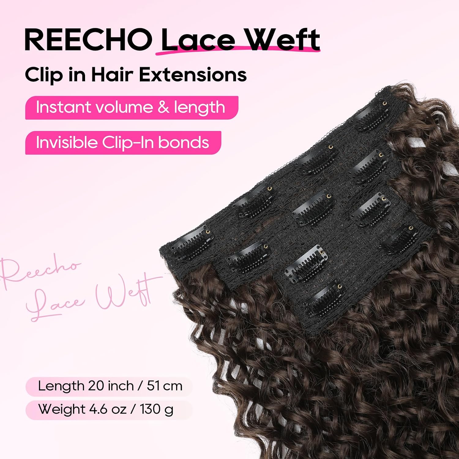 REECHO Curly Hair Extensions - 4PCS Clip In Hair Extensions Kinky Curly Clip Ins 3B 3C 4A Full Head Long Soft Synthetic Hairpiece for Women, Chocolate Brown