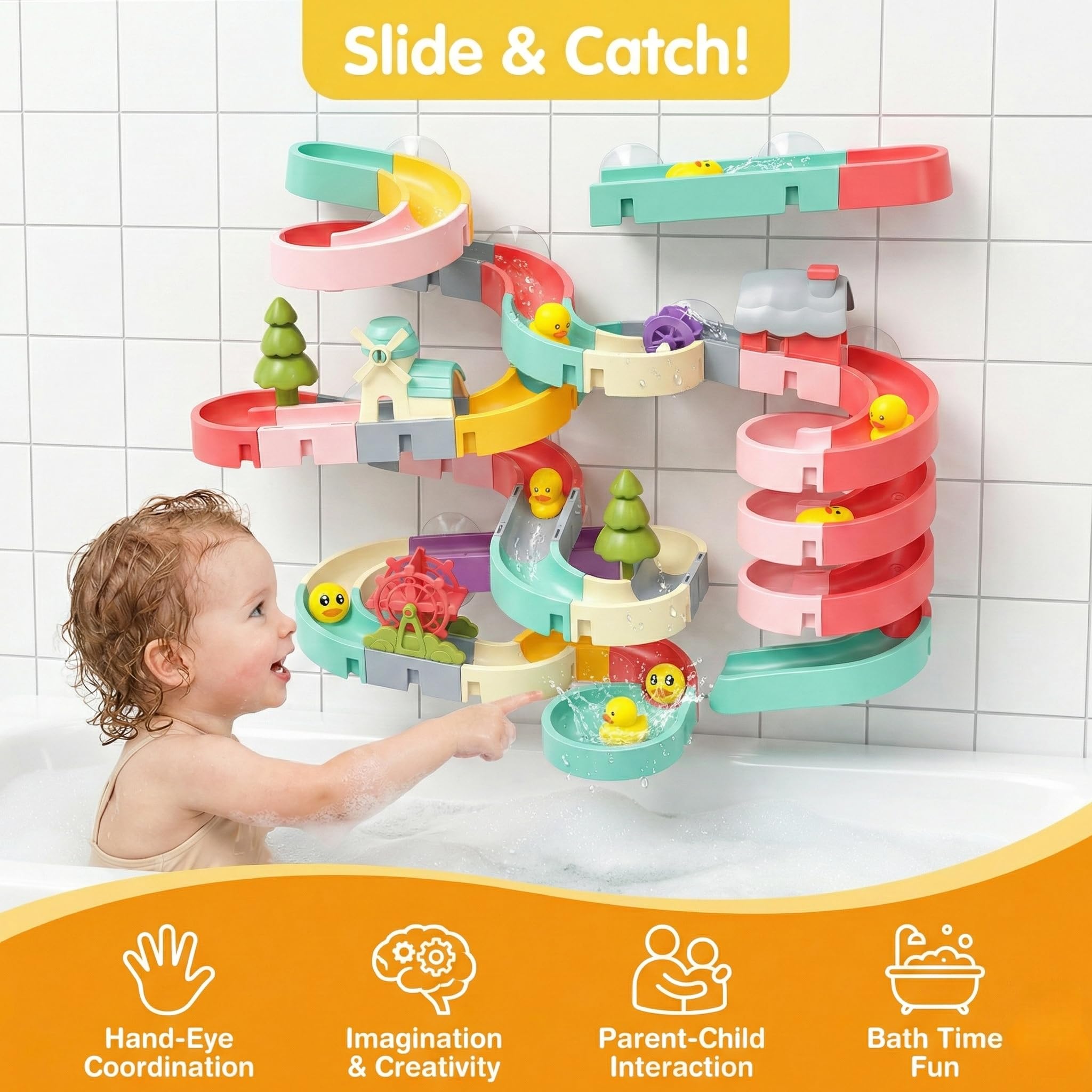 Vivyklfc 72 Pcs Water Track Bath Toy, DIY Building & Water Play Set including Suction Cups, Spinning Windmill - Image 2