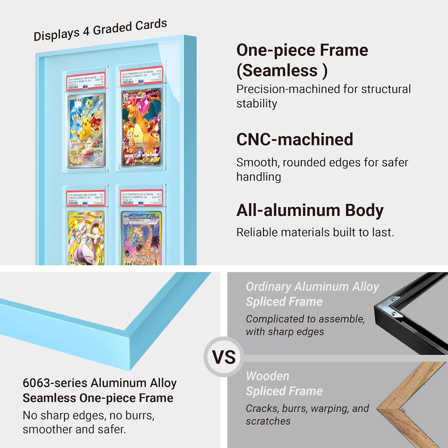 Glacier Blue 9-Card Display Case, Seamless Aluminum Frame with Tempered Glass for Graded Cards, Baseball Football Basketball Sports Card & TCG, Wall Mount Trading Card Frame, Includes 9 Shell Holders