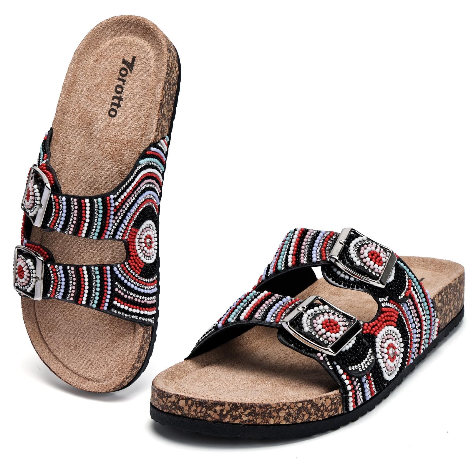 Torotto Damen Pantoletten Modische Sandalen Metallic Latschen Schlappen Hausschuhe mit verstellbaren Riemen