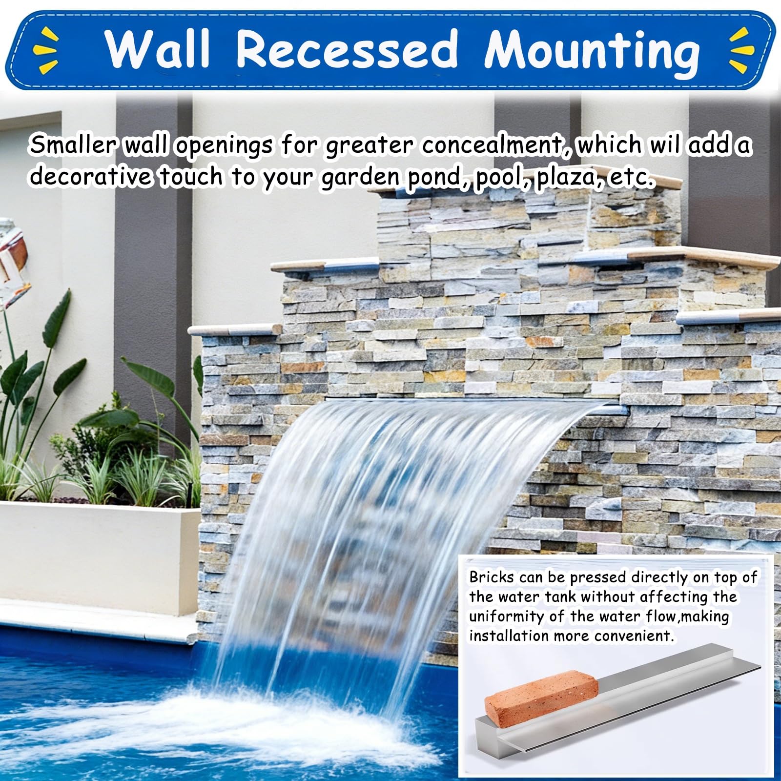 Integrado Cascada Para Estanque Jardín Para Jardín Estanque De Carpas Koi | Desagüe Para Cascada De Piscina De Acero Inoxidable 304, Conector PVC, Cinta De Sellado Tubo Flexible(Outlet W 32"/81cm)