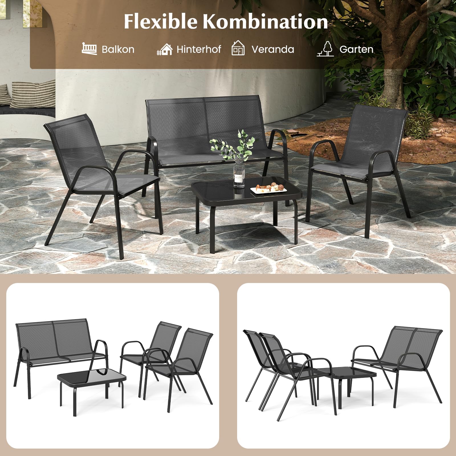COSTWAY 4-teilige Gartenmöbel Set, Balkonmöbel, Terrassenmöbel, Sitzgruppe, Sitzgarnitur für 4 Personen, Gartengarnitur inkl. 2 Stühlen, Bank & Tisch, für Balkon, Terrasse, Garten (Grau)