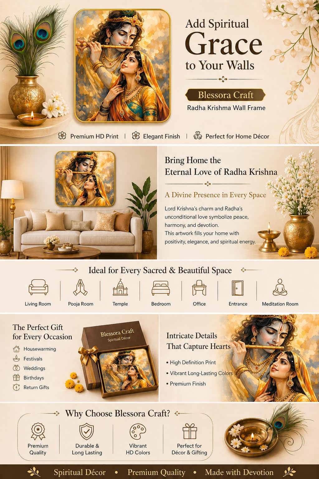 Blessora Craft Radha Krishna Wall Hanging Frame | HD Printed Wooden Wall Painting for Home Decor, Pooja Room, Living Room, Bedroom, Office | Golden Frame Religious Wall Hanging Gift (18X12) 2