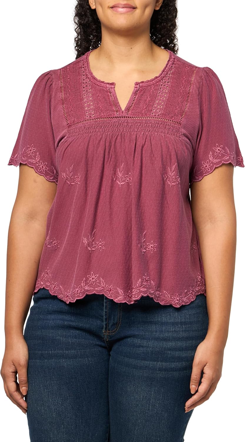 Lucky Brand Womens Vertical Trimmed Short Sleeve Top