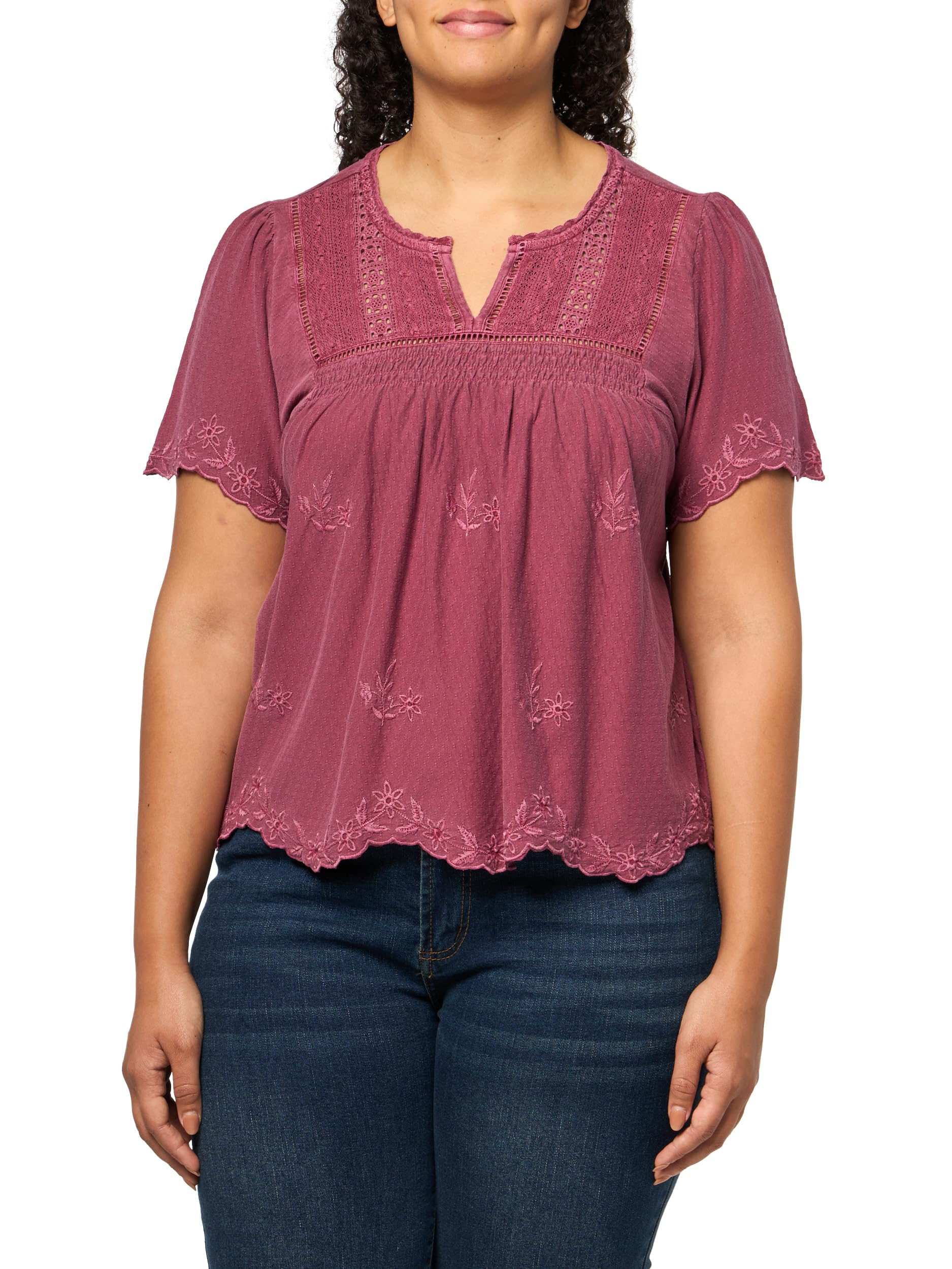 Lucky Brand Womens Vertical Trimmed Short Sleeve Top