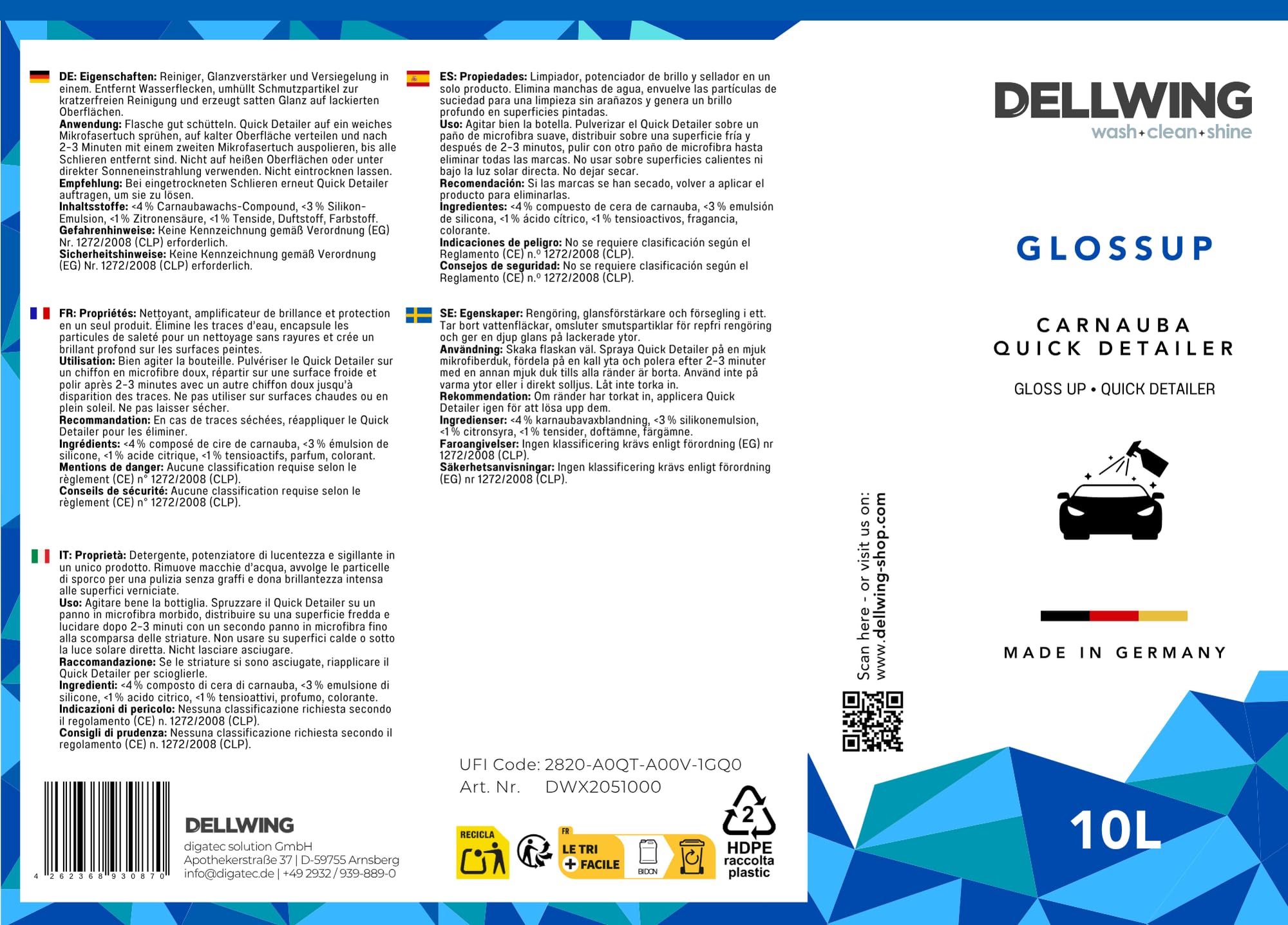 Dellwing GlossUp Quick Detailer 10 l, limpiador rápido de pintura con efecto perlado, sellador de pintura para protección y brillo, fabricado en Alemania