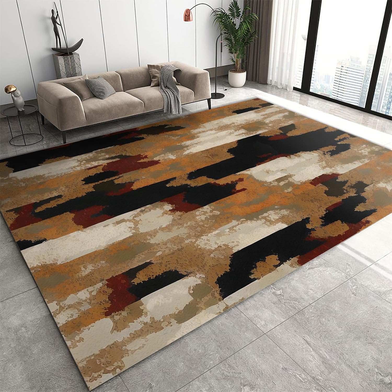 Brown Black Retro Area Rug, Abstract Stripes Graffiti Indoor Non Slip Living Room Rug, Low Pile Foldable Decor Carpet for Bedroom Dining Room Farmhouse Floor Mat - 2 ft x 3 ft