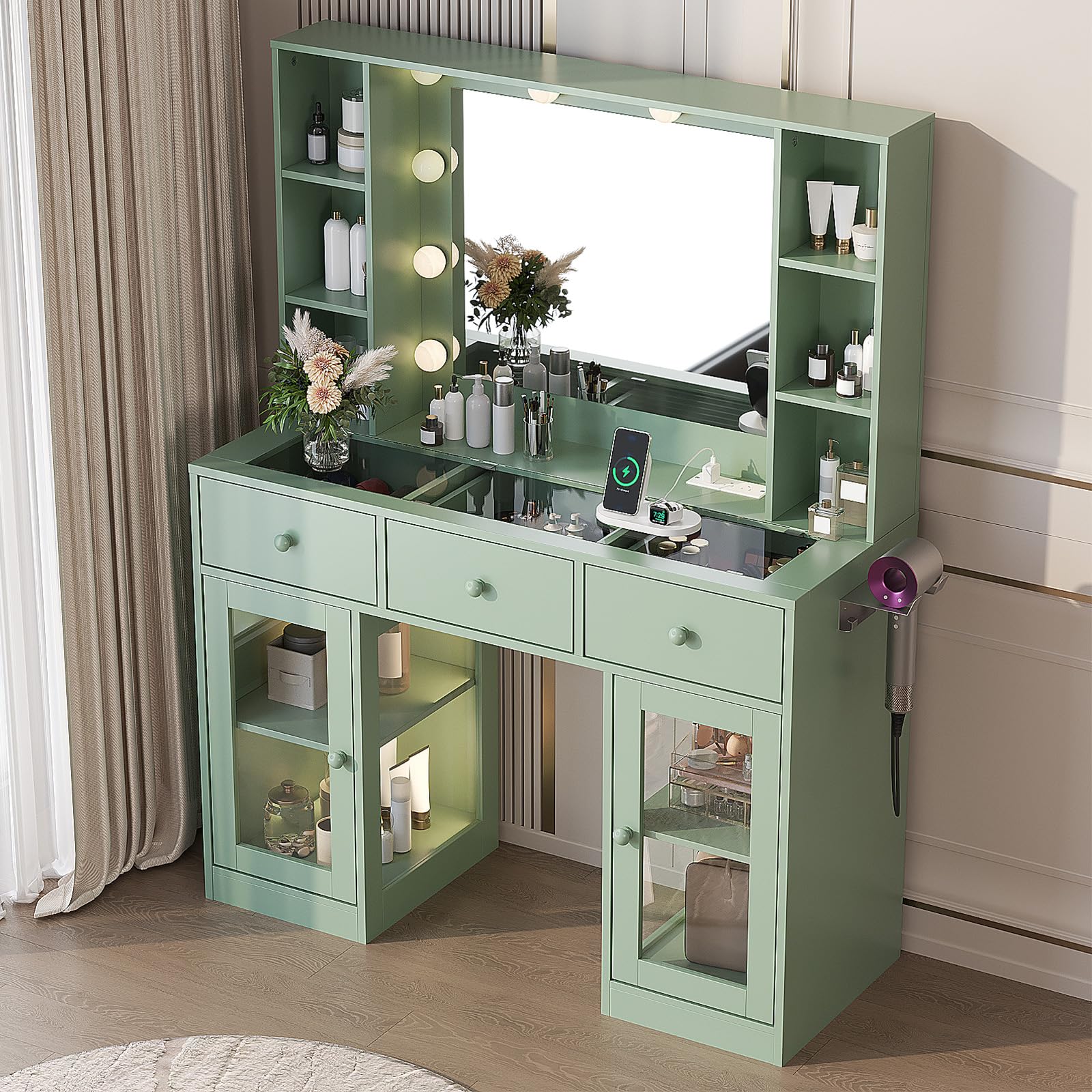 Best Green Vanity Picks for 2026: 5 Researched Options 1 VINGLI Vanity Desk with Mirror and Lights, Glass Top Makeup Vanity Table w/Glass — product photo