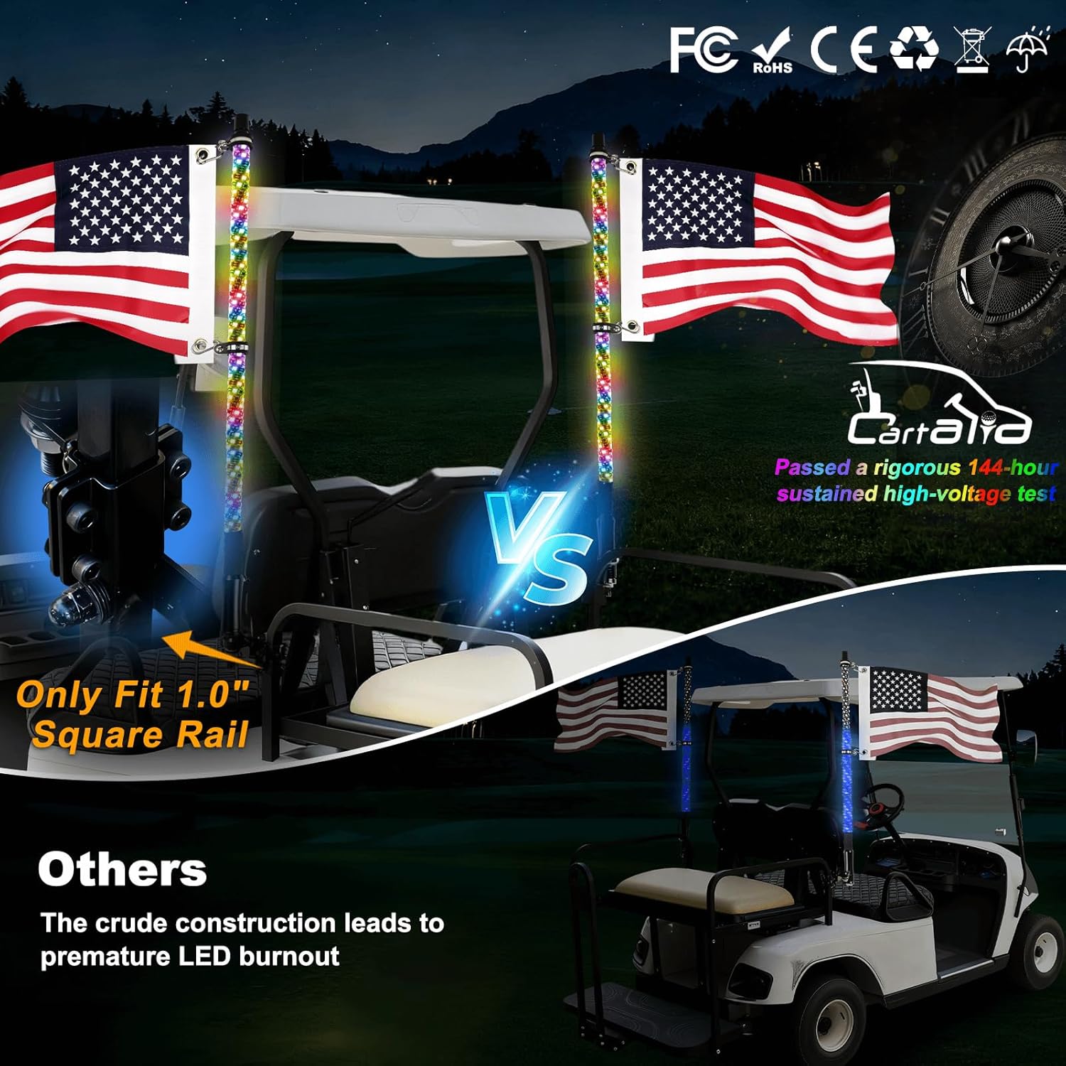 2 Pack 3FT Golf Cart Flag Pole Whip Lights, Only Fit 1.0" Square Rail, LED Light Bluetooth App & Remote Control, Lighted with Turn Reverse Brake Signal for 36V/48V/72V (Included DC Converter)