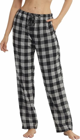 Christmas Pajama Bottoms Women Cotton Flannel Pj Pants Fuzzy Plaid Pajamas with pockets & drawstring Soft Lounge Sleepwear
