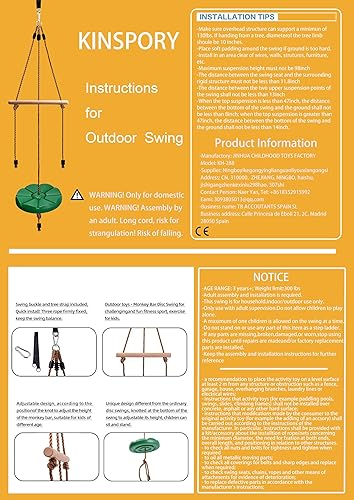 Miniatura 7 de KINSPORY Columpio de disco para niños, accesorios de juego de columpios, barras de mono de gimnasio de altura ajustable de 7 pies, asiento de árbol