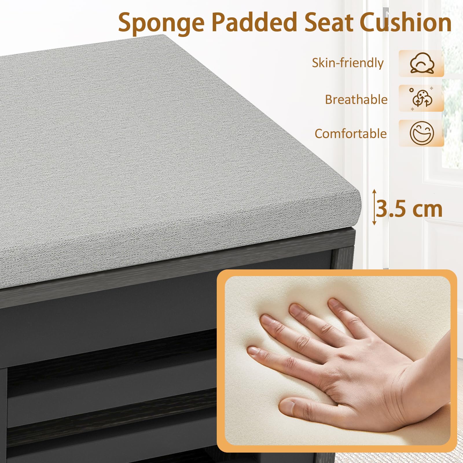 HOMASIS Panca Scarpiera con Cassetti, Portascarpe Ingresso con Seduta Imbottita, Scarpiera con 3 Ripiani Regolabili e 2 Ante Scorrevoli, Panchetta in Legno per Corridoi, 99,5 x 34,5 x 46 cm (Nero)