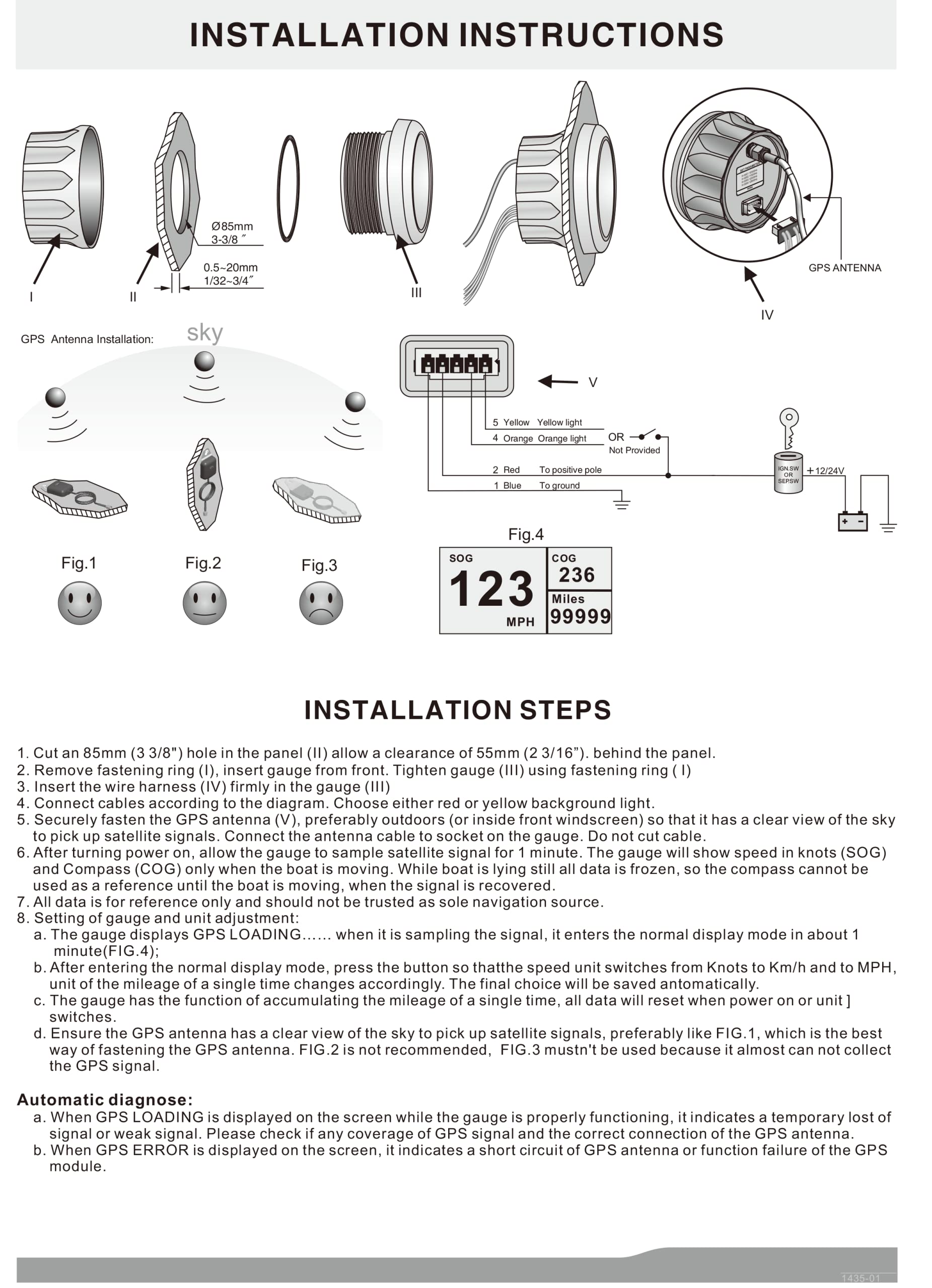 KUS Impermeabile Tachimetro GPS Digitale Con Retroilluminazione Per Barca Barca Yacht 85mm 9-32V (Bianco)